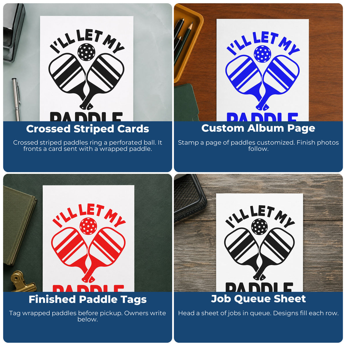 Four ways to use the PSI Pre-Inked Let Paddle Do Talking Stamp: crossed striped cards, custom album page, finished paddle tags and job queue sheet.