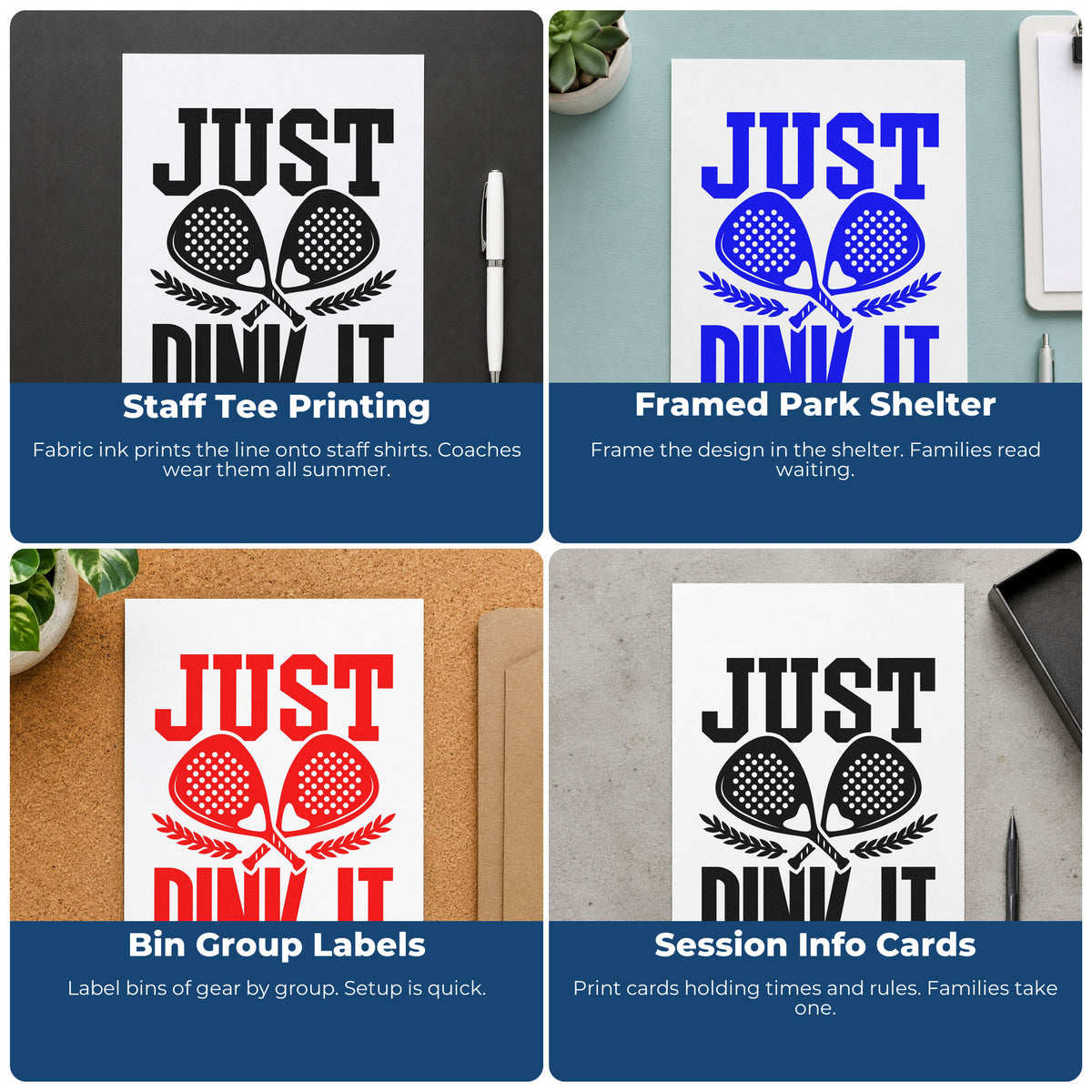 Four ways to use the Just Dink It Laurels Self-Inking Stamp: staff tee printing, framed park shelter, bin group labels and session info cards.