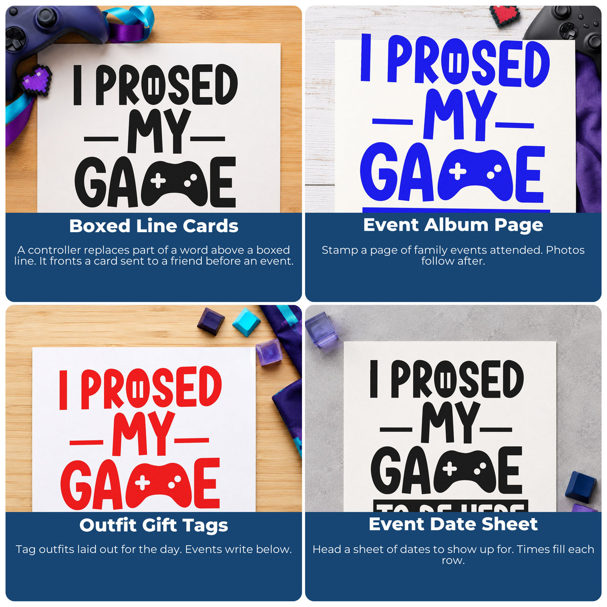 Four ways to use the Boxed Game Lettering With Controller Rubber Stamp – Wood Handle: boxed line cards, event album page, outfit gift tags and event date sheet.