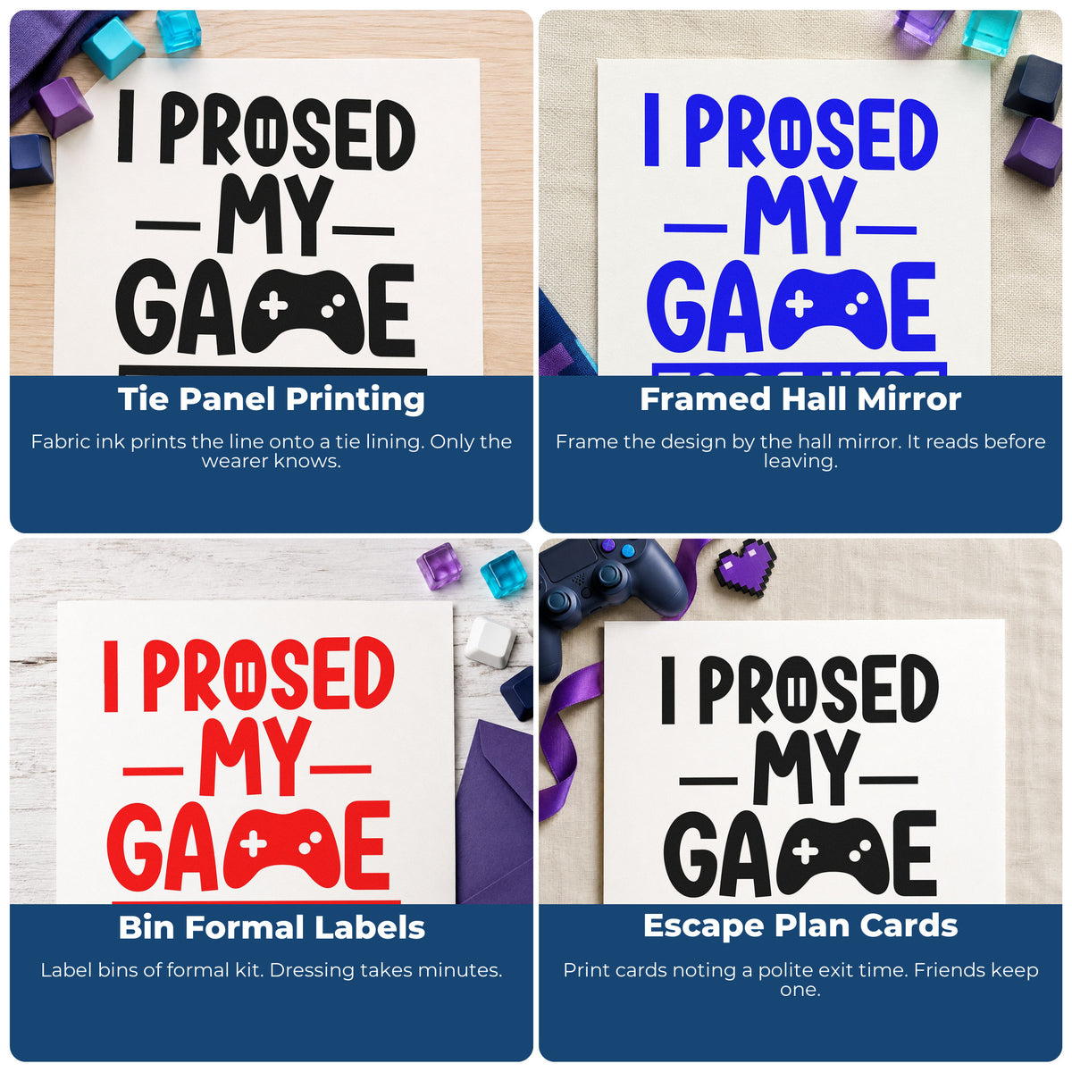 Four ways to use the Boxed Game Lettering With Controller Rubber Stamp – Wood Handle: tie panel printing, framed hall mirror, bin formal labels and escape plan cards.