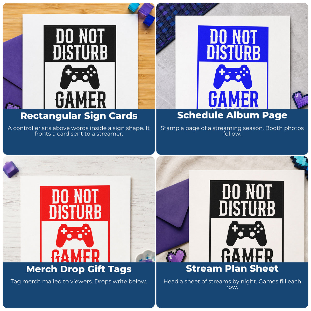 Four ways to use the Do Not Disturb Gamer Game Controller PSI Pre-Inked Stamp: rectangular sign cards, schedule album page, merch drop gift tags and stream plan sheet.