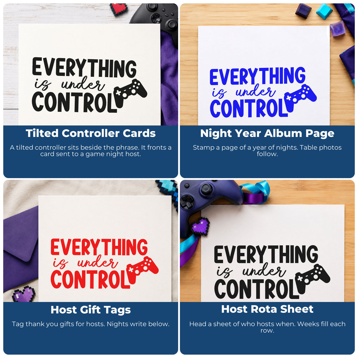 Four ways to use the Everything Is Under Control Self-Inking Stamp: tilted controller cards, night year album page, host gift tags and host rota sheet.