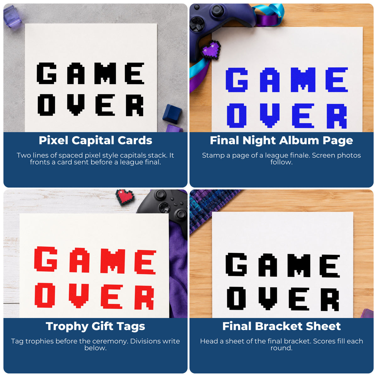 Four ways to use the Game Over Pixel Word Art Stamp – Wood Handle: pixel capital cards, final night album page, trophy gift tags and final bracket sheet.