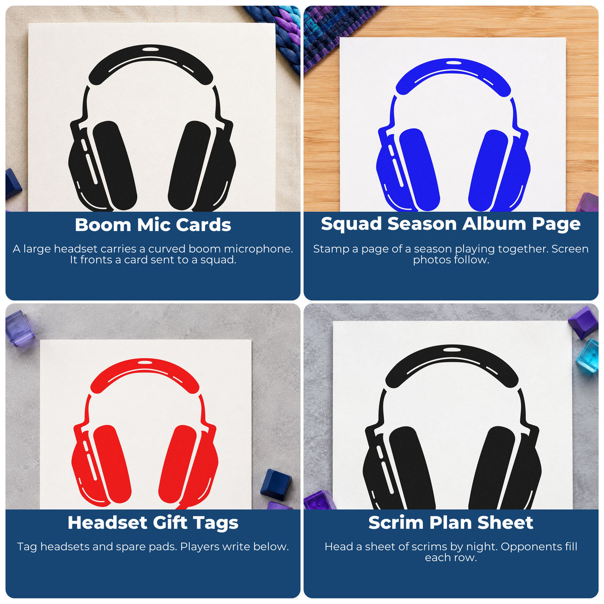 Four ways to use the Boom Microphone Gaming Headset Rubber Stamp – Wood Handle: boom mic cards, squad season album page, headset gift tags and scrim plan sheet.