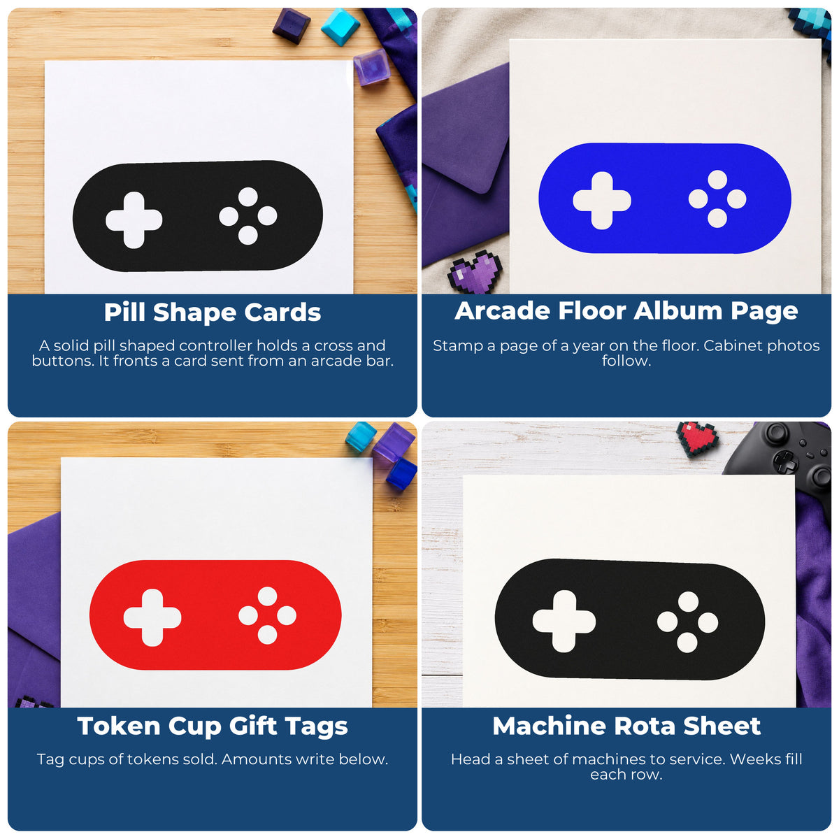 Four ways to use the Rounded Retro Game Controller Stamp - Premium Vintage Pro Wooden: pill shape cards, arcade floor album page, token cup gift tags and machine rota sheet.