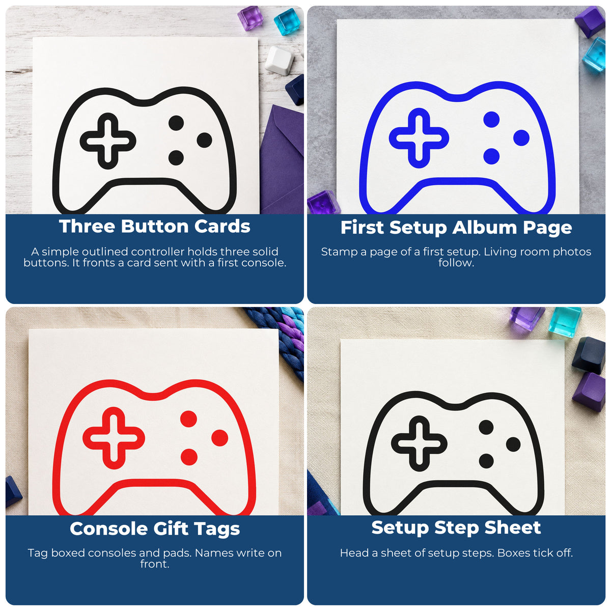 Four ways to use the Three Button Controller Line Art Stamp – Duo Hand: three button cards, first setup album page, console gift tags and setup step sheet.