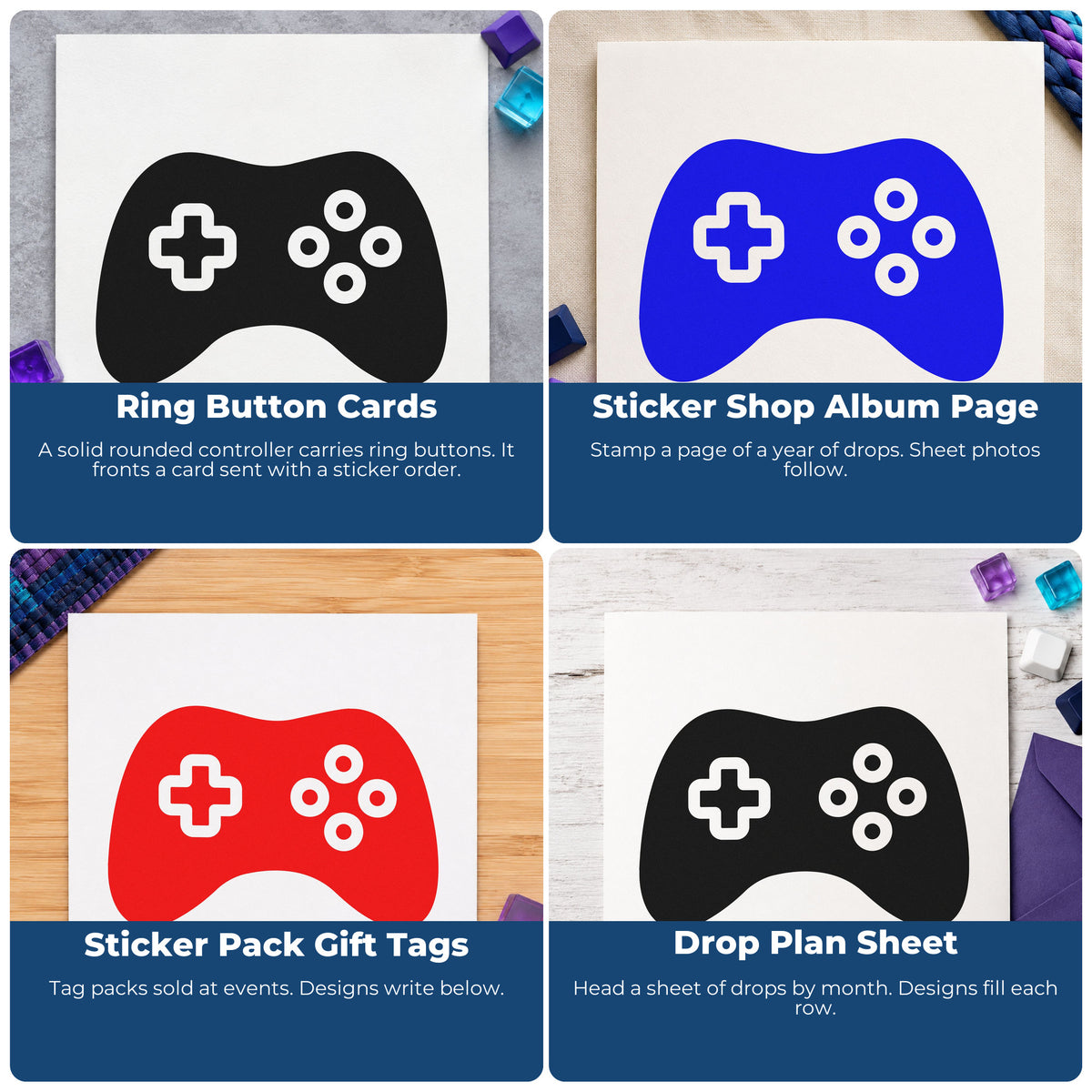 Four ways to use the Solid Controller Ring Buttons Slim Pre-Inked Stamp: ring button cards, sticker shop album page, sticker pack gift tags and drop plan sheet.