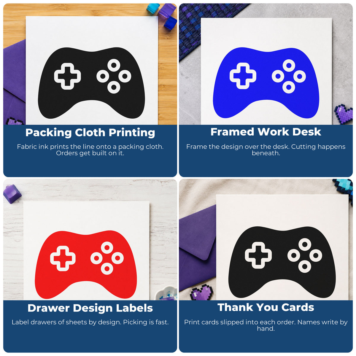 Four ways to use the Solid Controller Ring Buttons Slim Pre-Inked Stamp: packing cloth printing, framed work desk, drawer design labels and thank you cards.