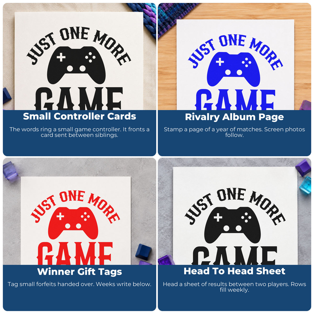 Four ways to use the One More Game Controller Lettering Wood Handle Stamp: small controller cards, rivalry album page, winner gift tags and head to head sheet.