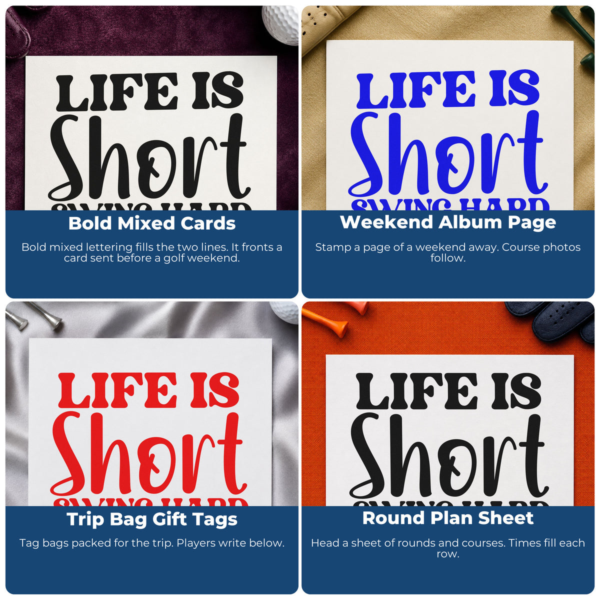 Four ways to use the Life Short Swing Hard Hand Stamp – Duo: bold mixed cards, weekend album page, trip bag gift tags and round plan sheet.