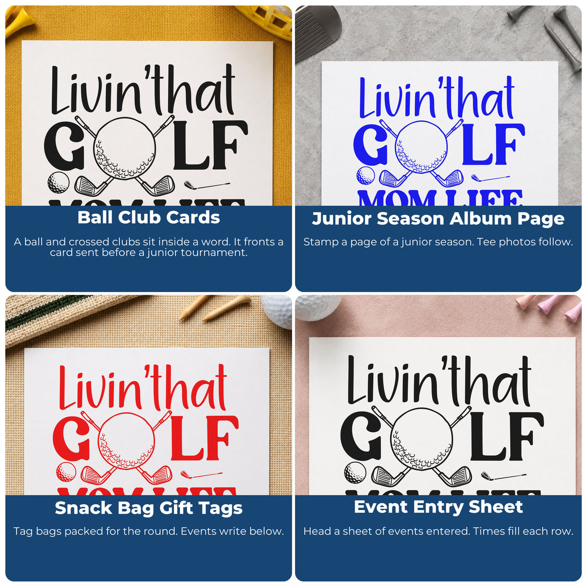 Four ways to use the Golf Mom Life Ball And Clubs PSI Pre-Inked Stamp: ball club cards, junior season album page, snack bag gift tags and event entry sheet.