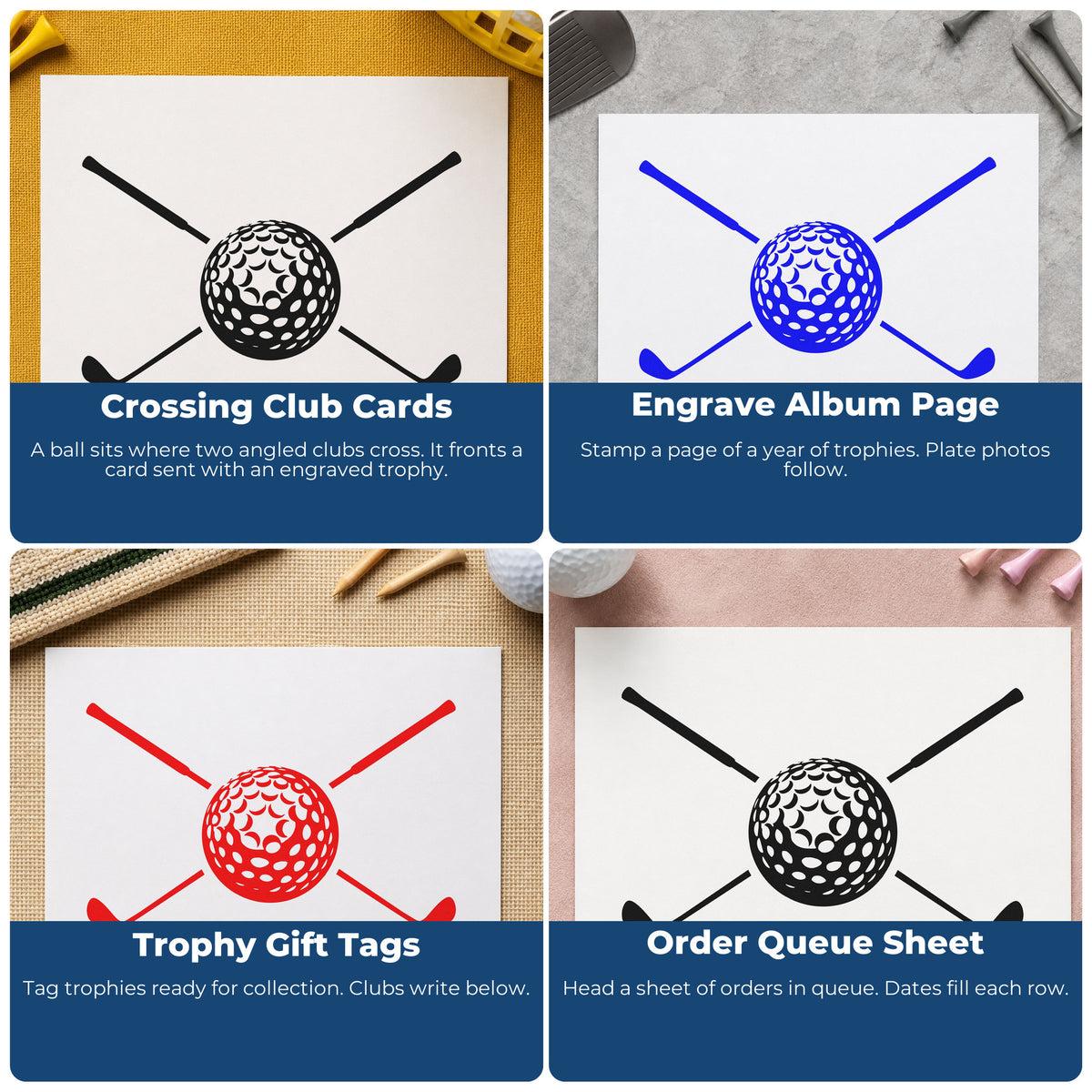 Four ways to use the Golf Ball With Two Crossed Clubs Hand Stamp – Duo: crossing club cards, engrave album page, trophy gift tags and order queue sheet.