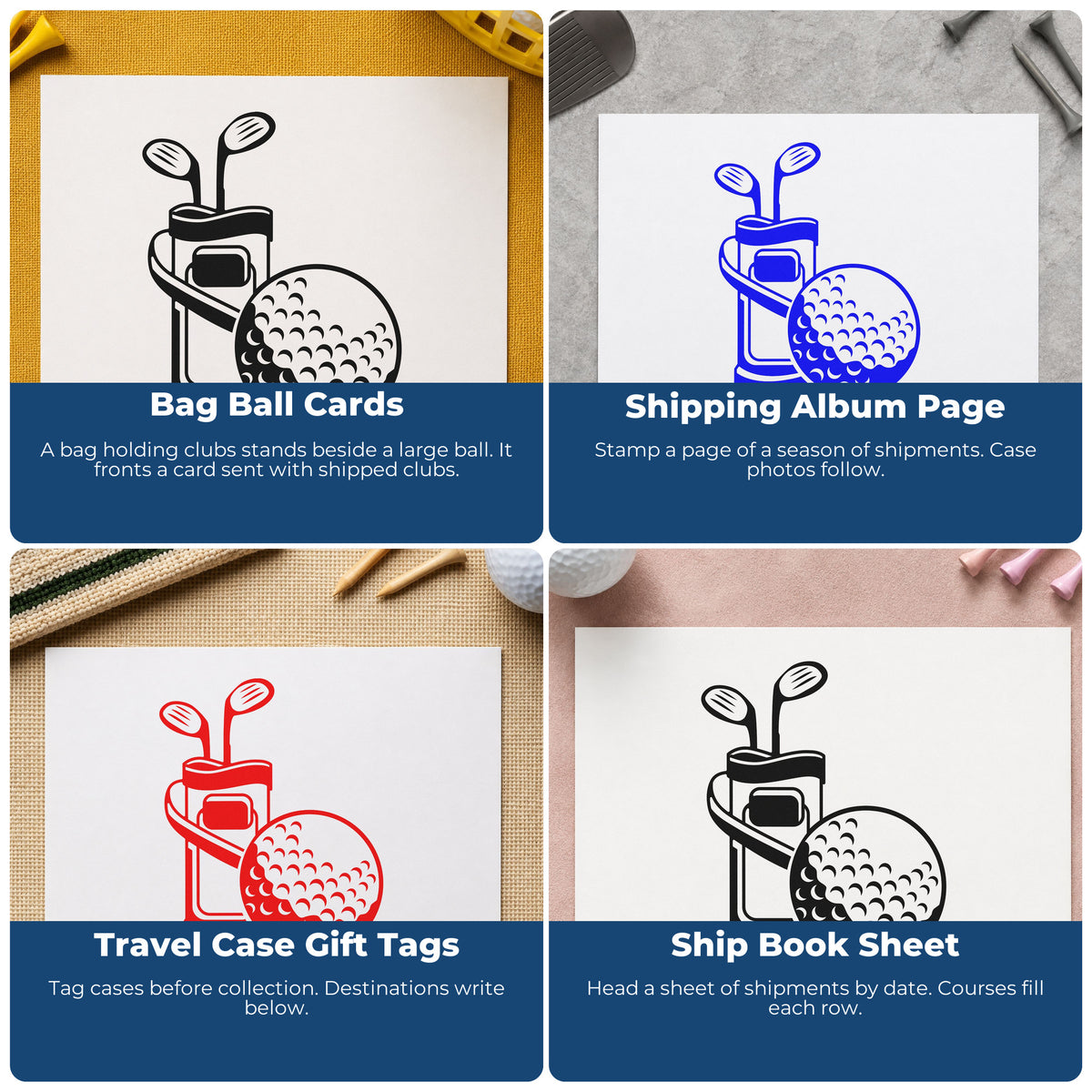 Four ways to use the Dimpled Golf Ball Beside Club Bag Pre-Inked Stamp – PSI: bag ball cards, shipping album page, travel case gift tags and ship book sheet.
