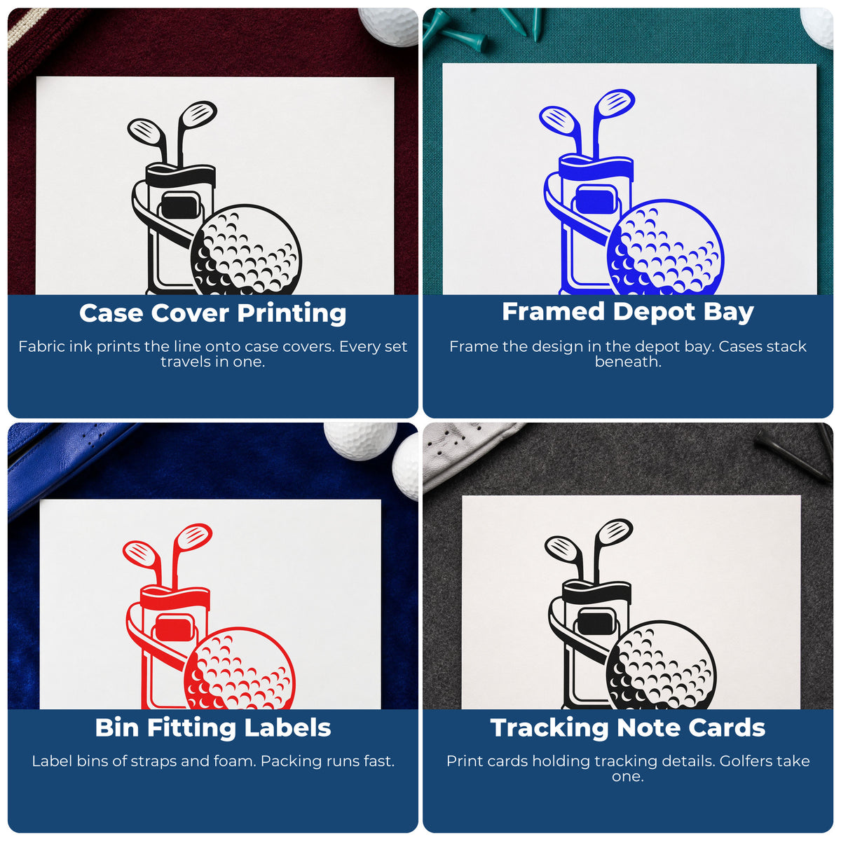 Four ways to use the Dimpled Golf Ball Beside Club Bag Wood Handle Stamp: case cover printing, framed depot bay, bin fitting labels and tracking note cards.