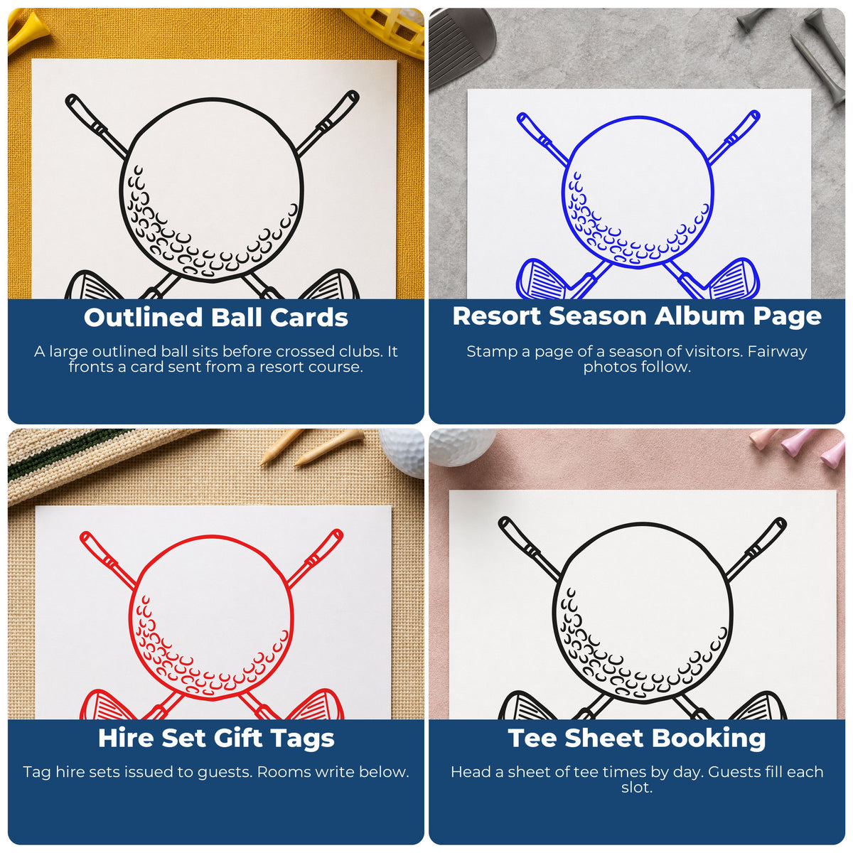 Four ways to use the Wood Handle Golf Ball Crossed Clubs Rubber Stamp: outlined ball cards, resort season album page, hire set gift tags and tee sheet booking.