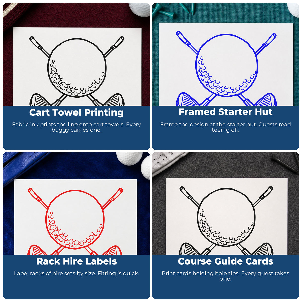Four ways to use the Golf Ball Crossed Clubs Rubber Stamp – Duo Hand: cart towel printing, framed starter hut, rack hire labels and course guide cards.
