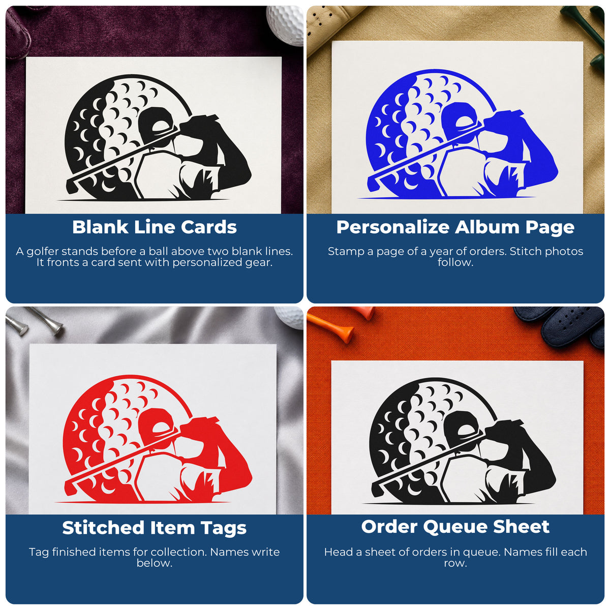 Four ways to use the Golfer Ball Blank Lines Stamp – PSI Pre-Inked: blank line cards, personalize album page, stitched item tags and order queue sheet.