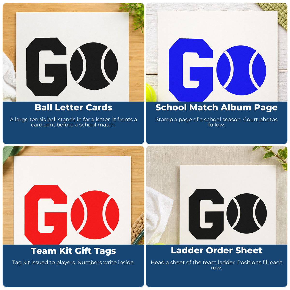 Four ways to use the Go Tennis Ball Typography Rubber Stamp – Wood Handle: ball letter cards, school match album page, team kit gift tags and ladder order sheet.