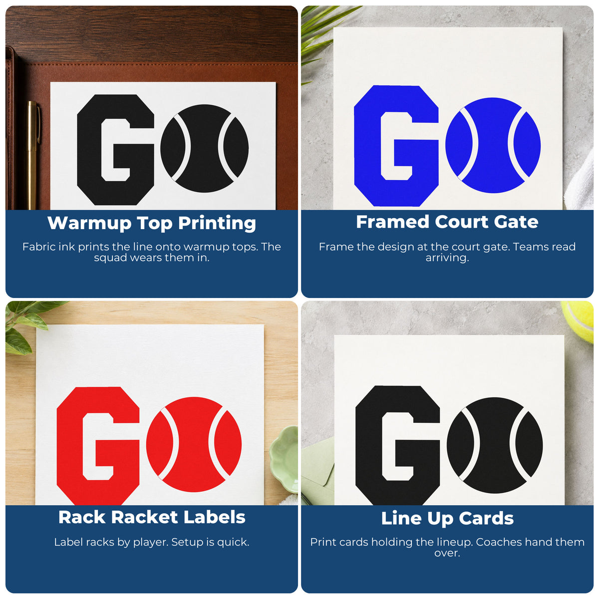 Four ways to use the Go Tennis Ball Typography Duo Hand Stamp: warmup top printing, framed court gate, rack racket labels and line up cards.