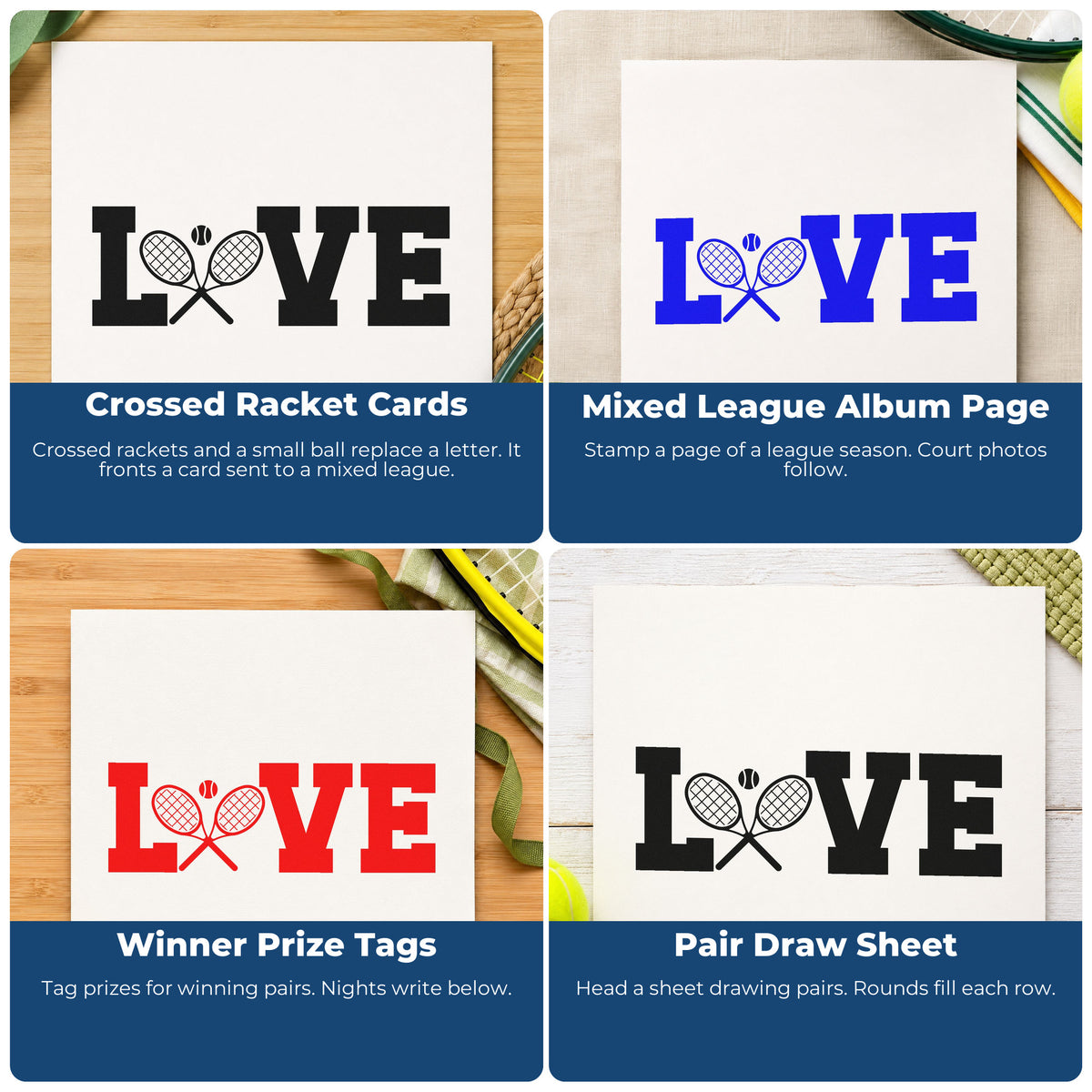 Four ways to use the Love With Crossed Rackets Pre-Inked Stamp – Slim: crossed racket cards, mixed league album page, winner prize tags and pair draw sheet.