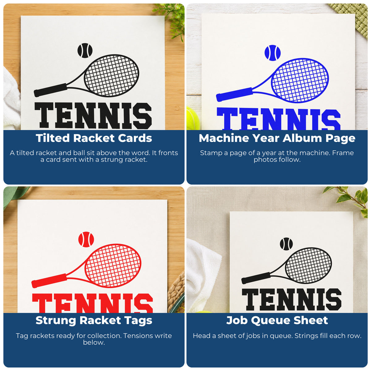 Four ways to use the Tennis Racket And Ball Lettering Stamp – Slim Pre-Inked: tilted racket cards, machine year album page, strung racket tags and job queue sheet.