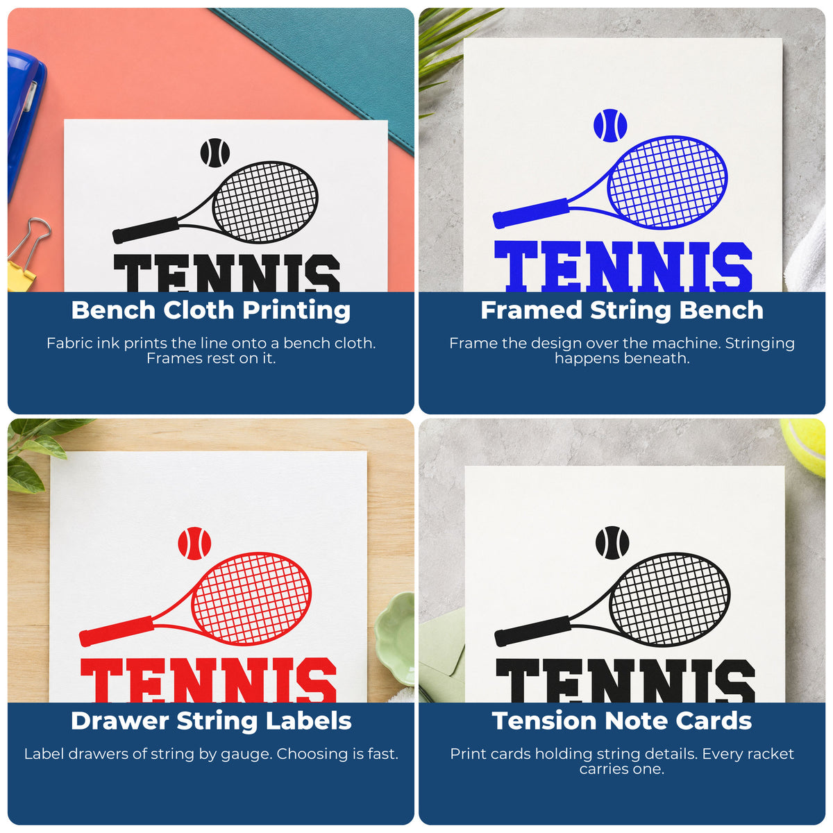 Four ways to use the Tennis Racket And Ball Lettering Stamp – Slim Pre-Inked: bench cloth printing, framed string bench, drawer string labels and tension note cards.