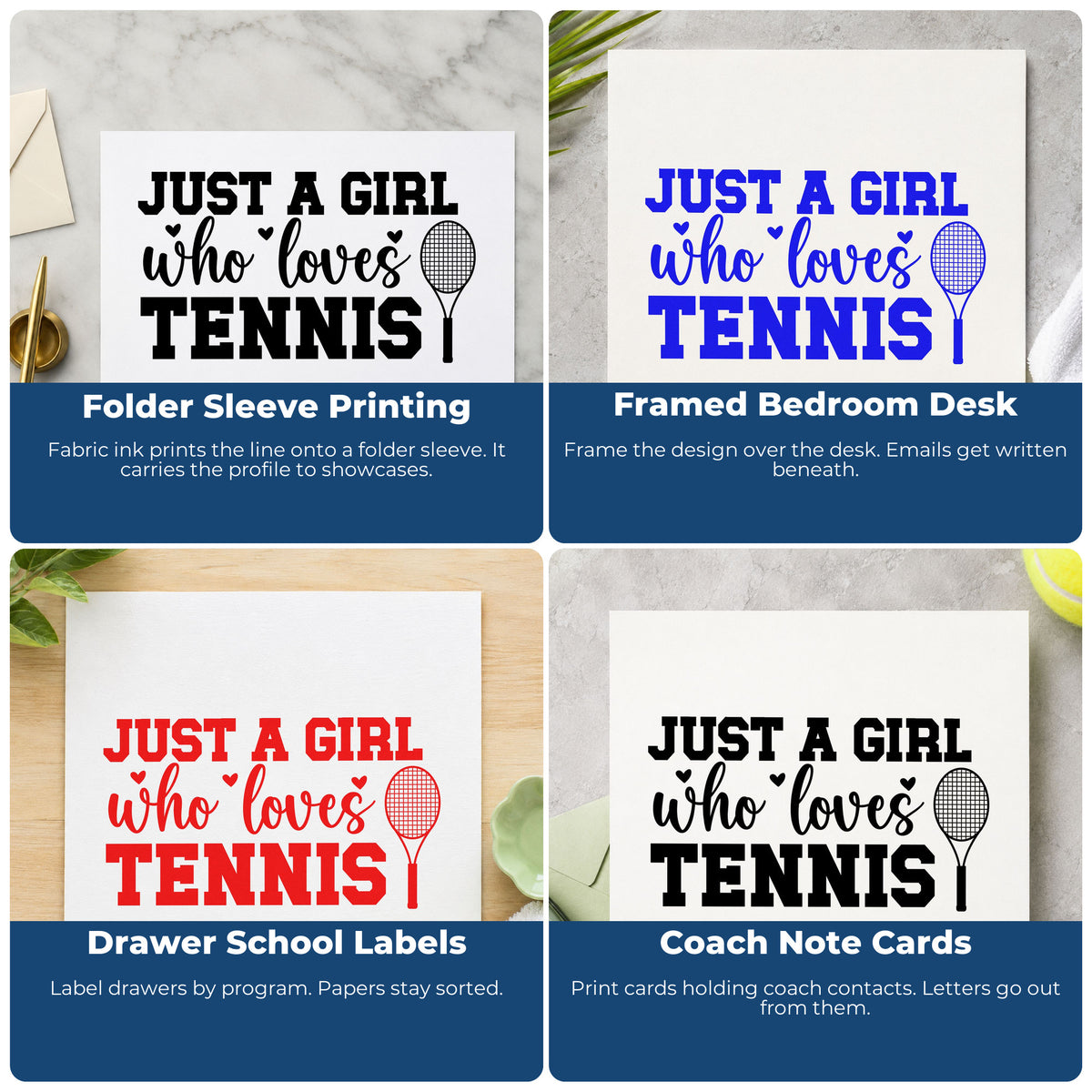 Four ways to use the Just A Girl Who Loves Tennis Compact Pre-Inked Stamp – Slim: folder sleeve printing, framed bedroom desk, drawer school labels and coach note cards.
