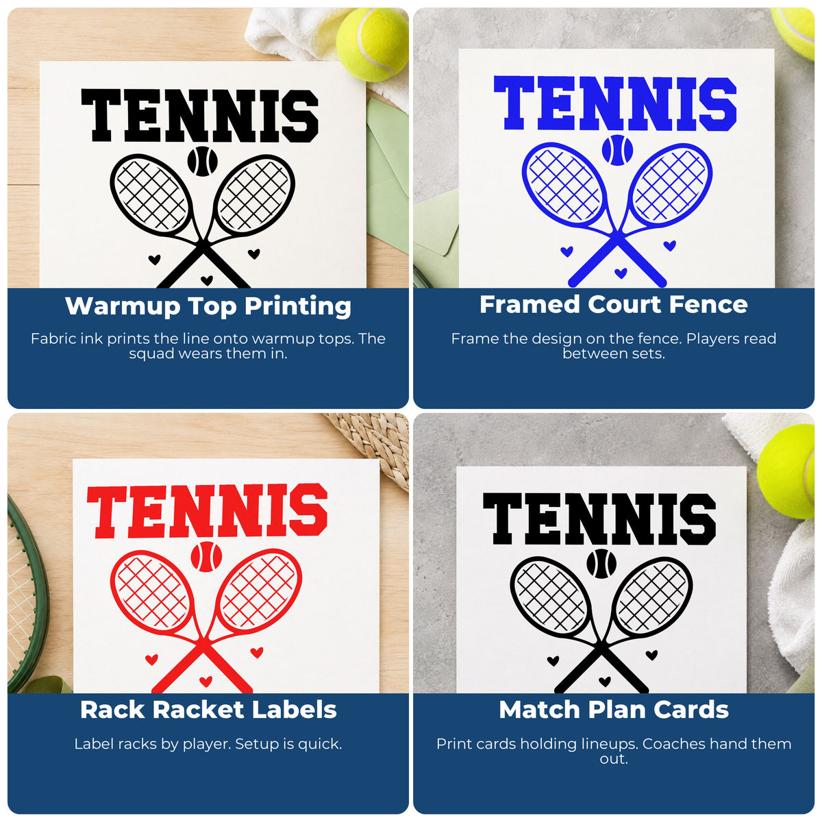 Four ways to use the Tennis Is My Life Stamp – Self-Inking: warmup top printing, framed court fence, rack racket labels and match plan cards.