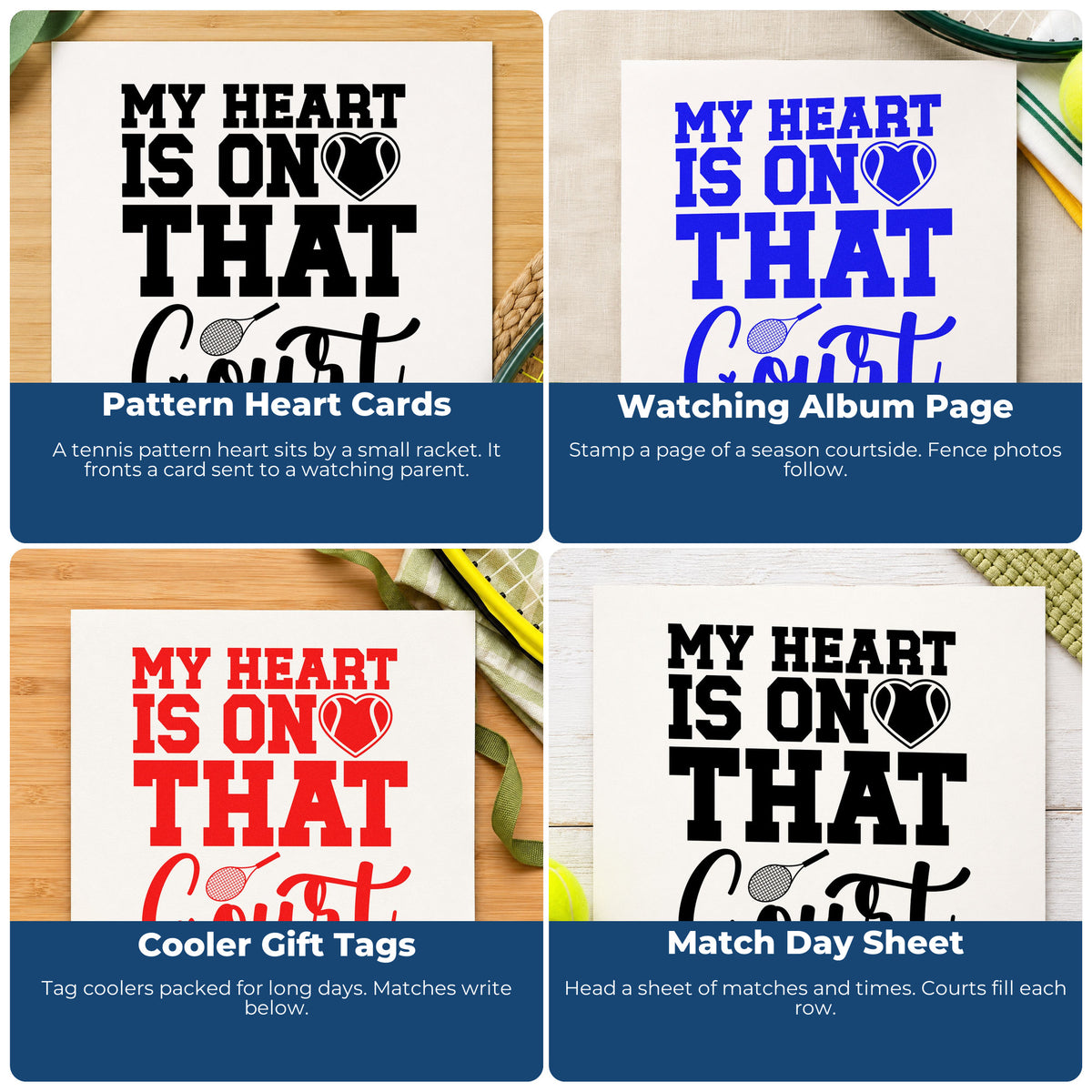 Four ways to use the Tennis Heart On The Court With Racket Self-Inking Craft Stamp: pattern heart cards, watching album page, cooler gift tags and match day sheet.