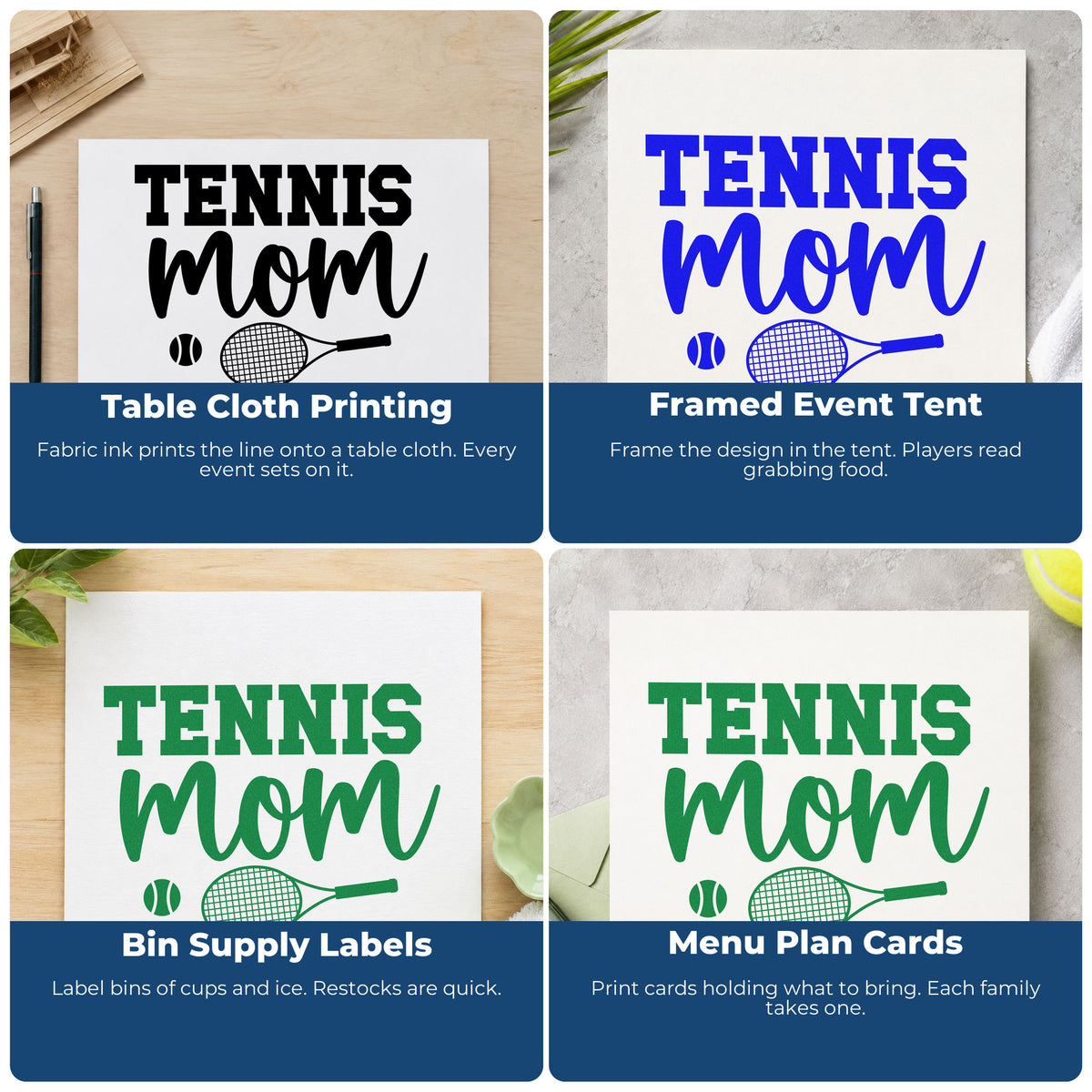 Four ways to use the Racket And Ball Tennis Mom PSI Pre-Inked Stamp: table cloth printing, framed event tent, bin supply labels and menu plan cards.