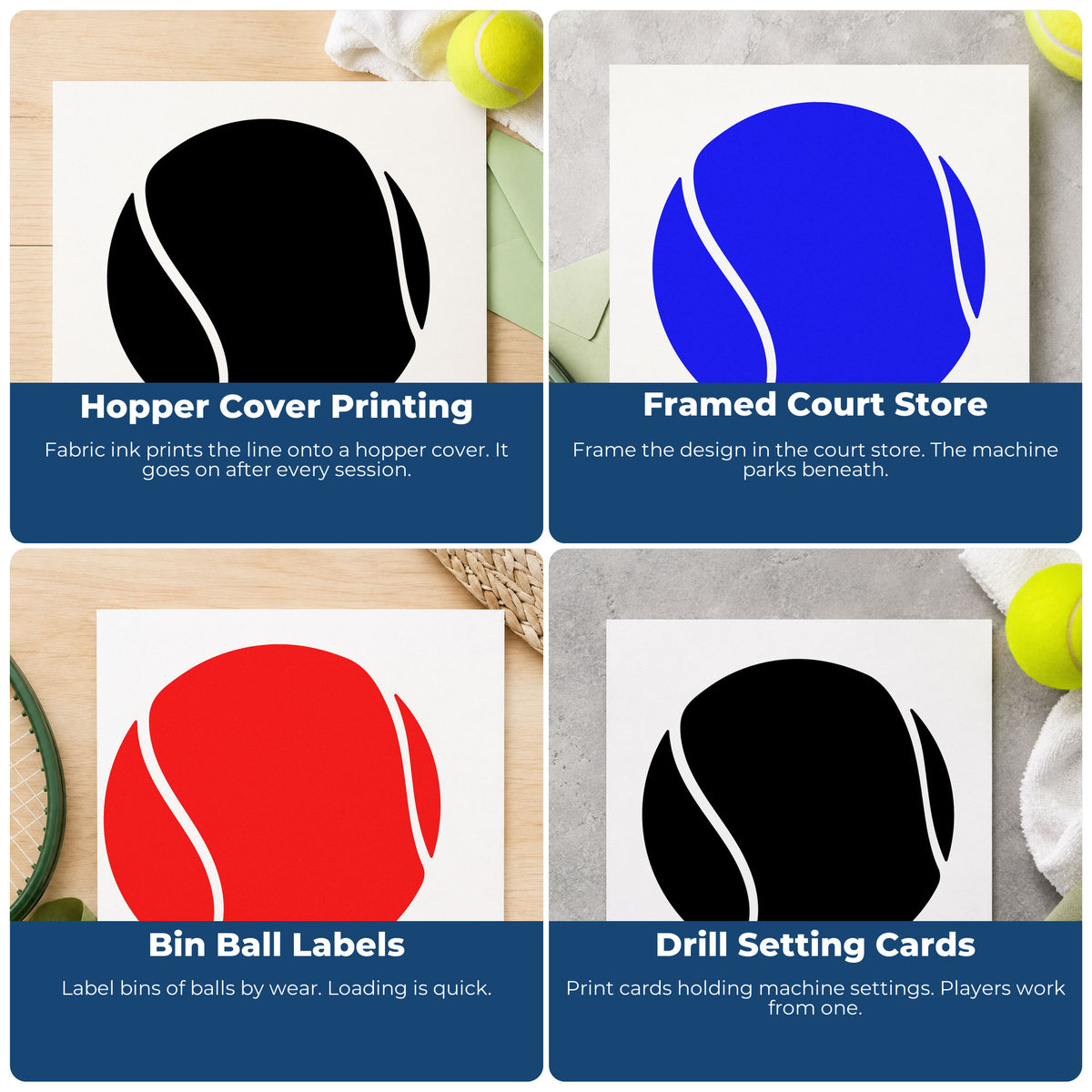 Four ways to use the Tennis Ball With Curved Cutout Seams Rubber Stamp – Wood Handle: hopper cover printing, framed court store, bin ball labels and drill setting cards.