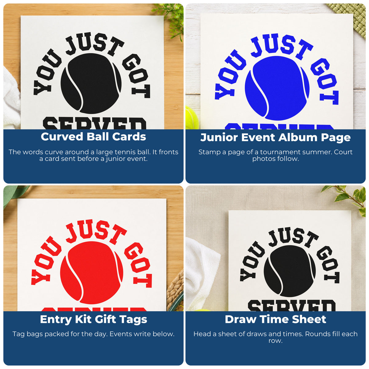 Four ways to use the You Just Got Served Tennis Ball Wood Handle Stamp: curved ball cards, junior event album page, entry kit gift tags and draw time sheet.