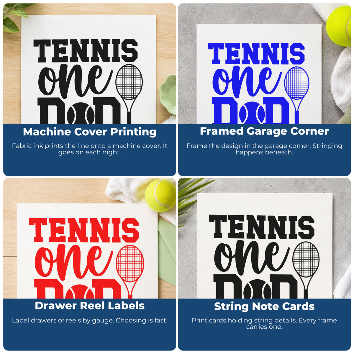 Four ways to use the Racket And Tennis Ball Between D Letters Rubber Stamp – Wood Handle: machine cover printing, framed garage corner, drawer reel labels and string note cards.