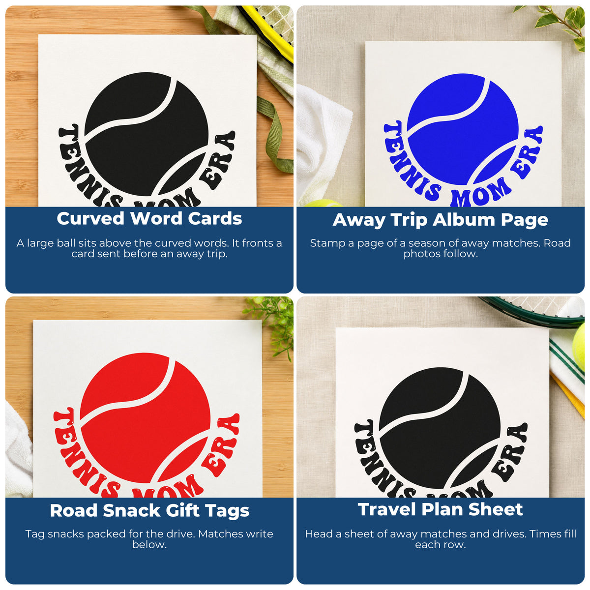 Four ways to use the Duo Hand Tennis Mom Era Ball Lettering Rubber Stamp: curved word cards, away trip album page, road snack gift tags and travel plan sheet.