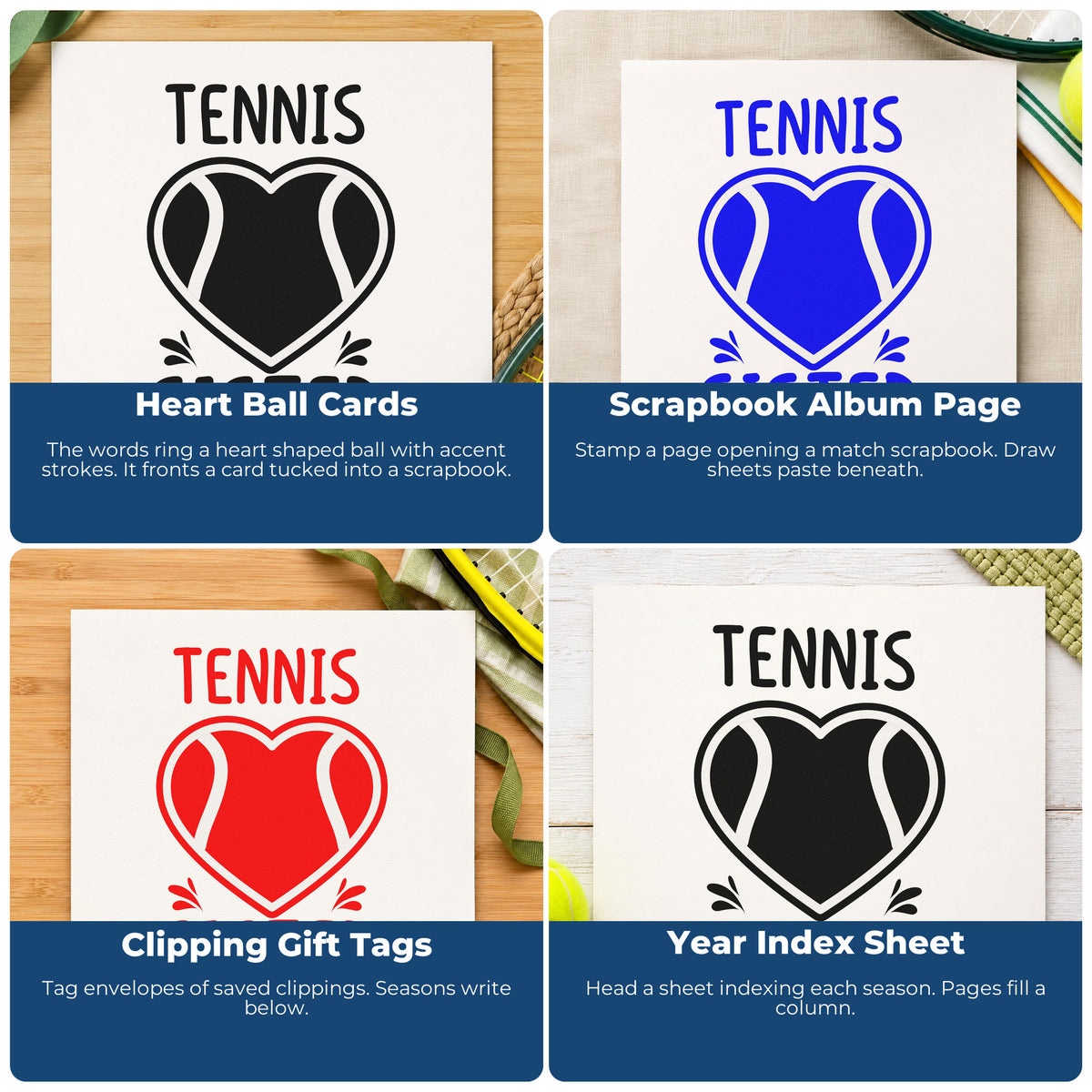 Four ways to use the Sister Tennis Heart Lettering PSI Pre-Inked Stamp: heart ball cards, scrapbook album page, clipping gift tags and year index sheet.