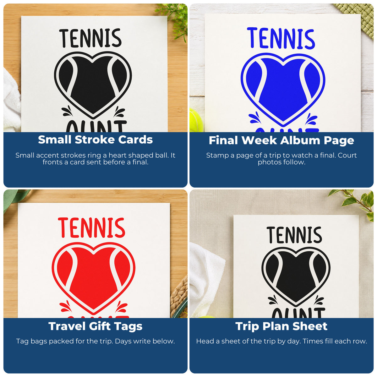 Four ways to use the Aunt Tennis Heart Lettering Rubber Stamp – Wood Handle: small stroke cards, final week album page, travel gift tags and trip plan sheet.