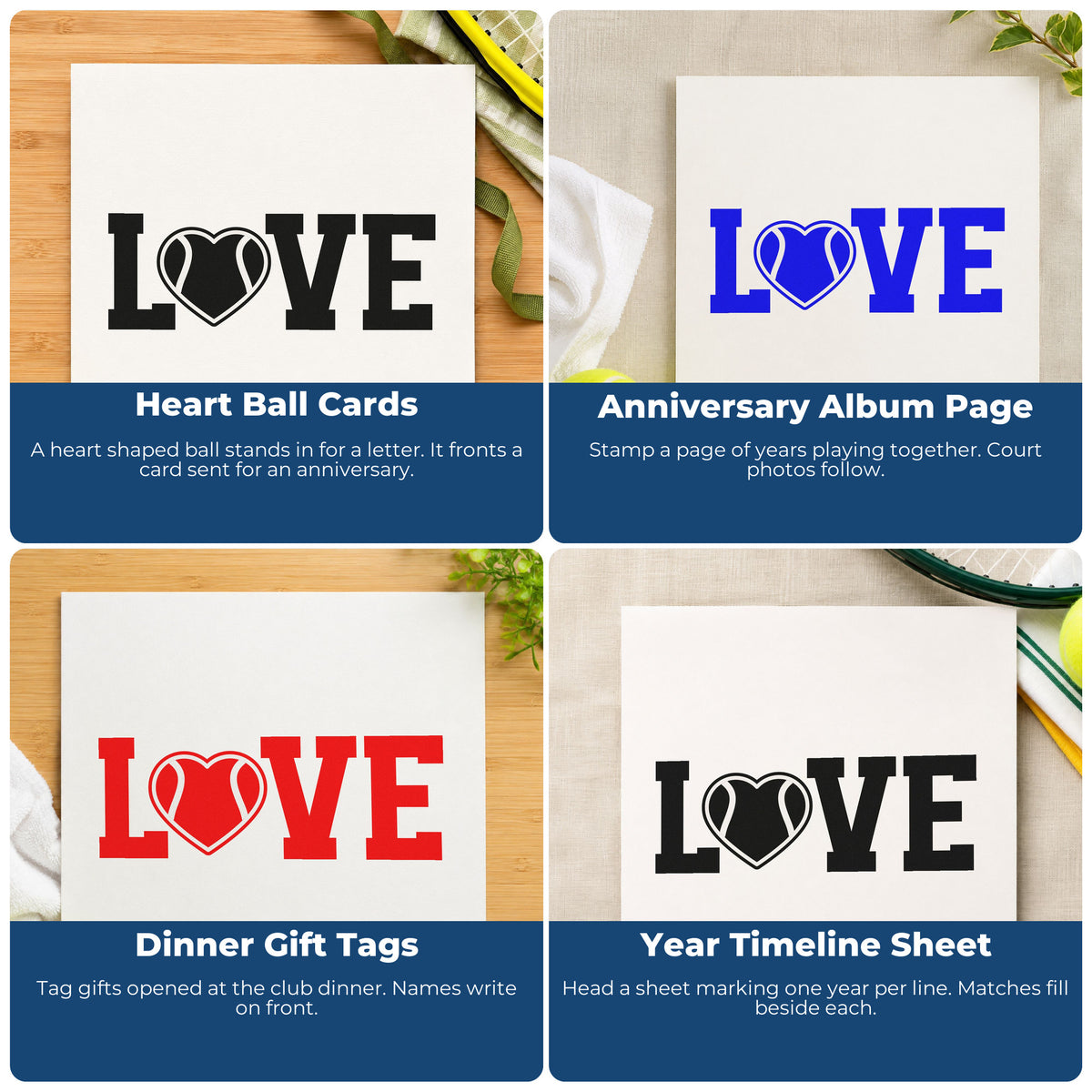 Four ways to use the Love With Heart-Shaped Tennis Ball Duo Hand Stamp: heart ball cards, anniversary album page, dinner gift tags and year timeline sheet.
