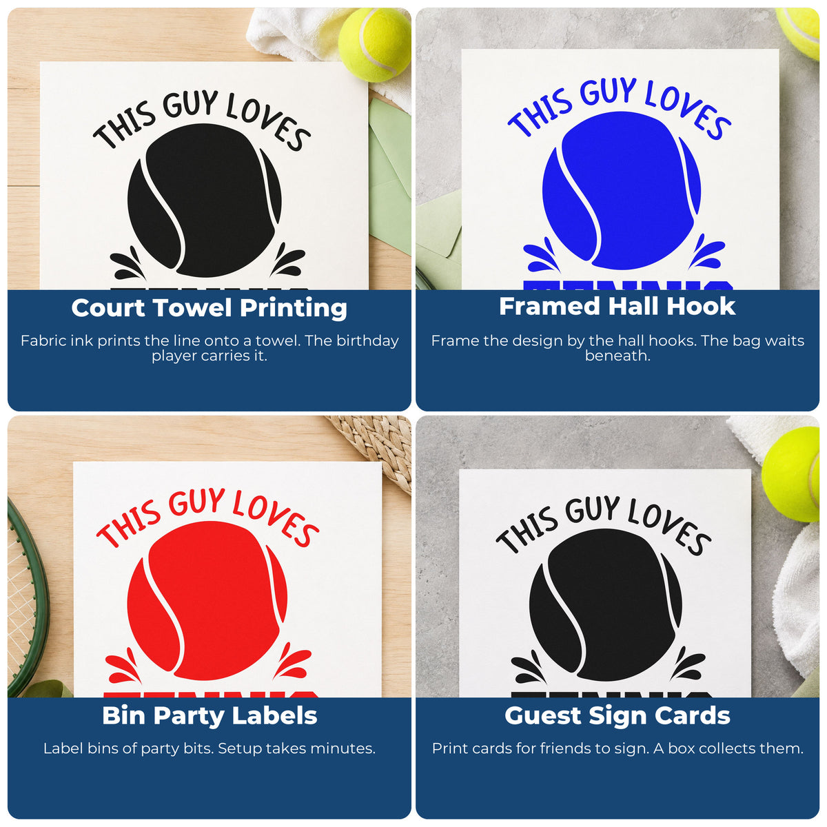 Four ways to use the This Guy Loves Tennis Ball Lettering Hand Stamp – Duo: court towel printing, framed hall hook, bin party labels and guest sign cards.