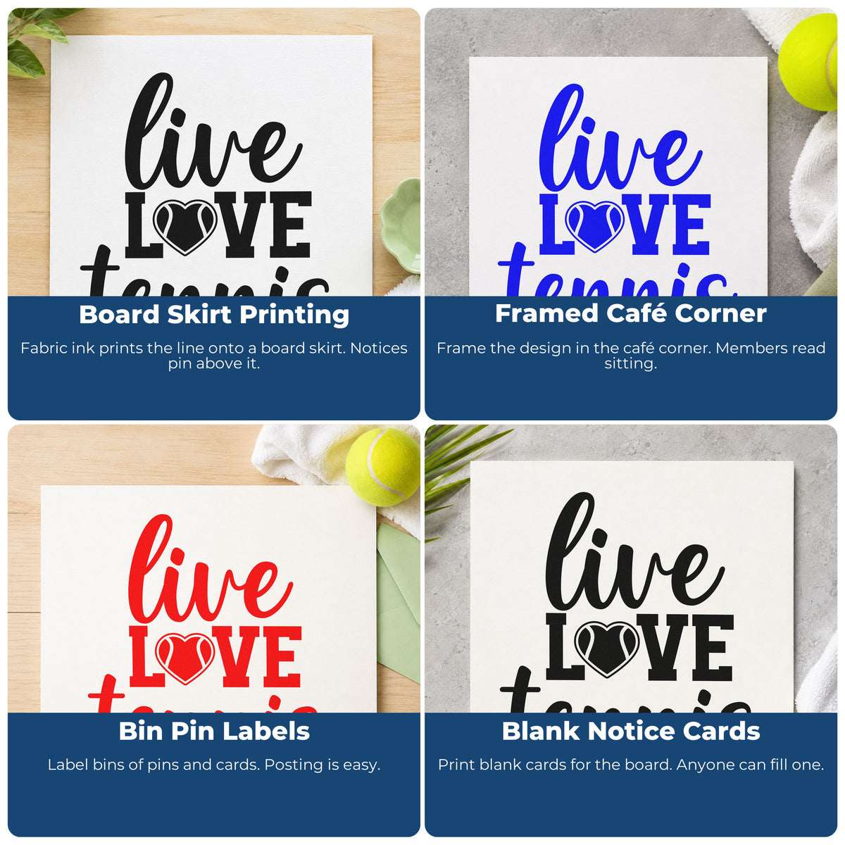 Four ways to use the PSI Pre-Inked Live Love Tennis Heart Stamp: board skirt printing, framed café corner, bin pin labels and blank notice cards.