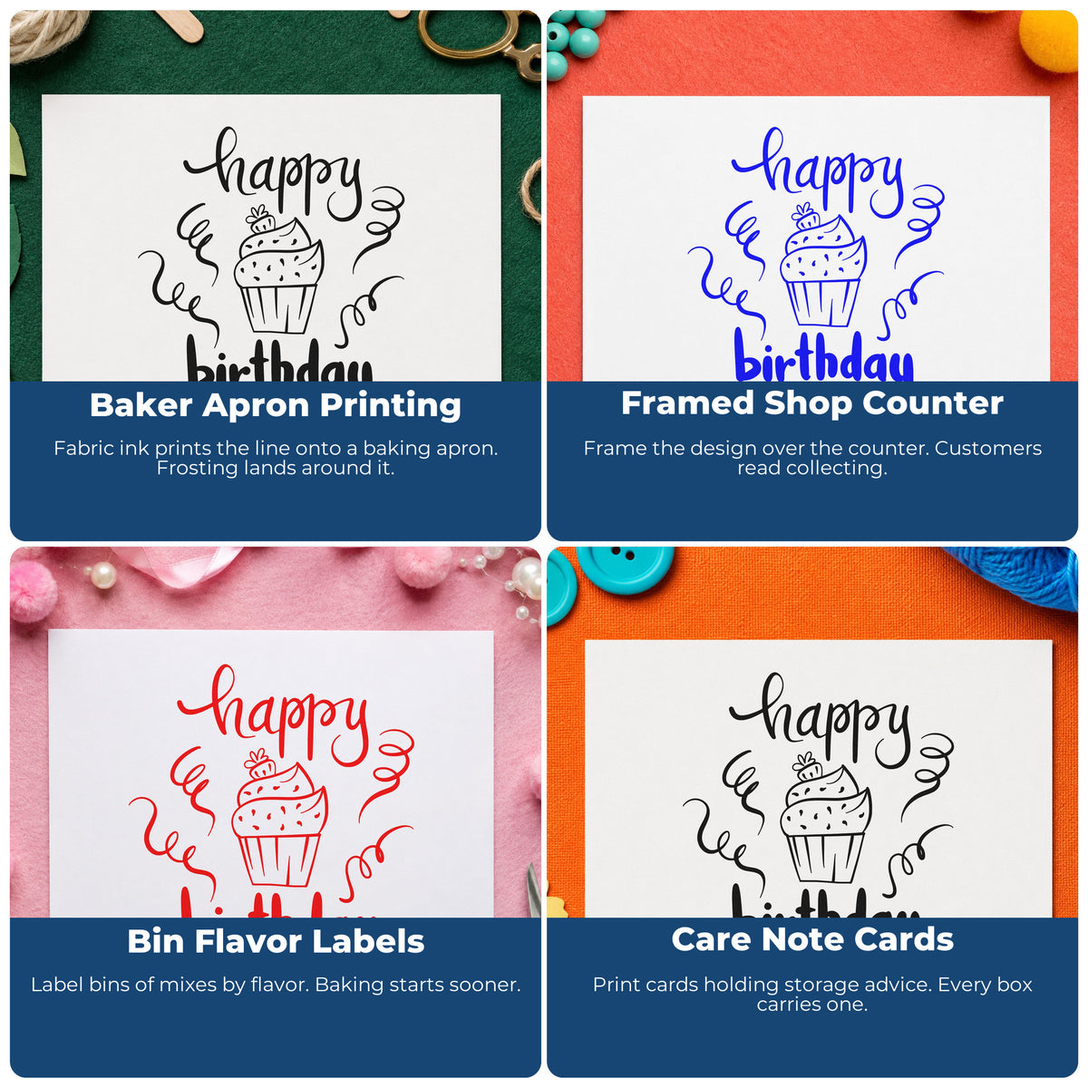 Four ways to use the Frosted Cupcake Birthday Greeting Stamp - Premium Vintage Pro Wooden: baker apron printing, framed shop counter, bin flavor labels and care note cards.
