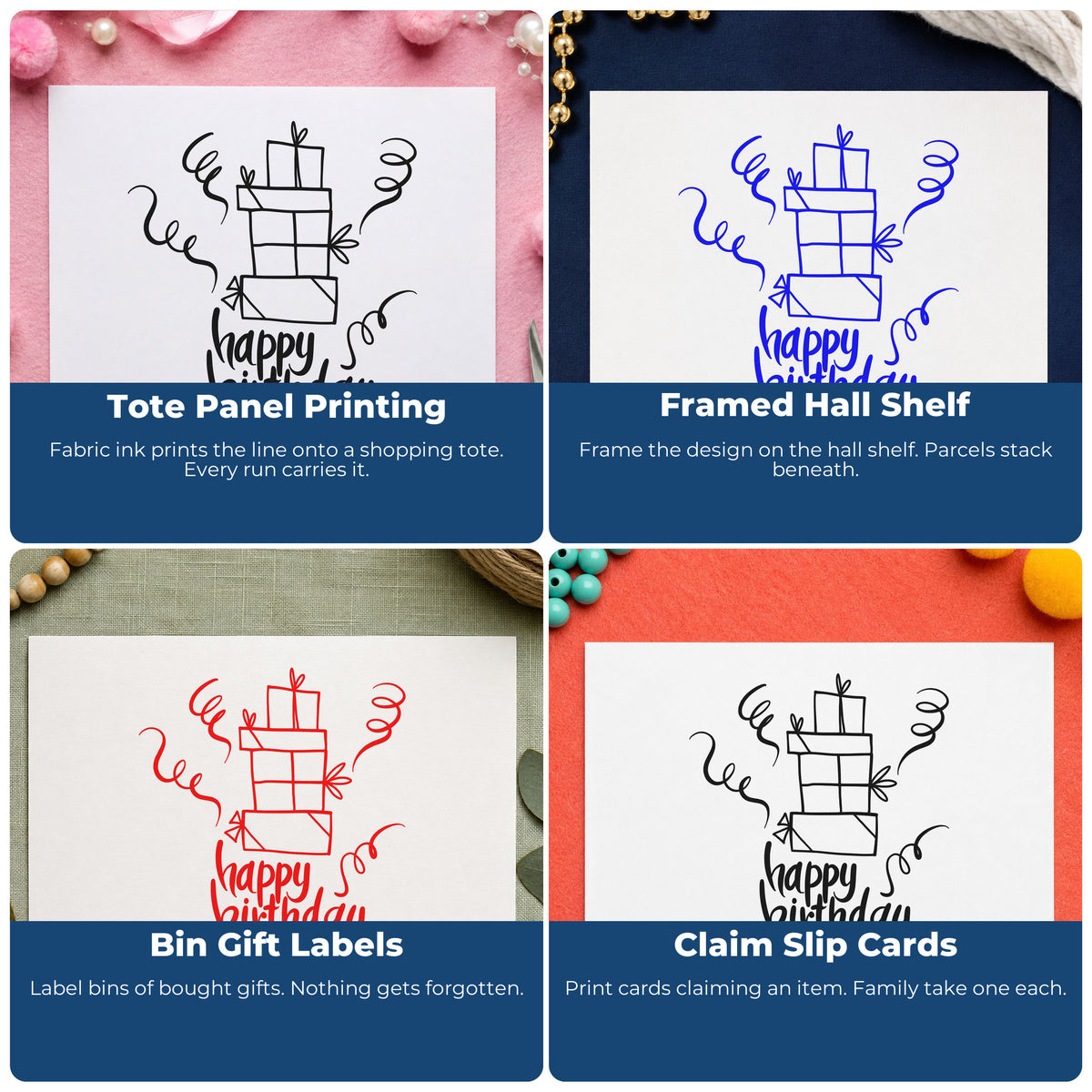 Four ways to use the Birthday Stacked Gift Boxes Stamp – Wood Handle: tote panel printing, framed hall shelf, bin gift labels and claim slip cards.