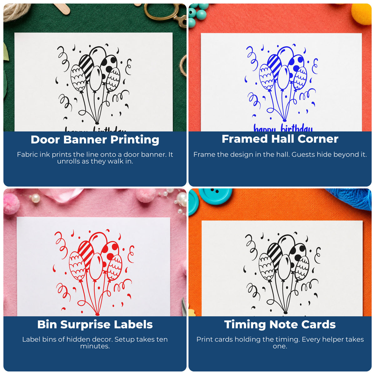 Four ways to use the Birthday Wishes Patterned Balloons Rubber Stamp – Duo Hand: door banner printing, framed hall corner, bin surprise labels and timing note cards.