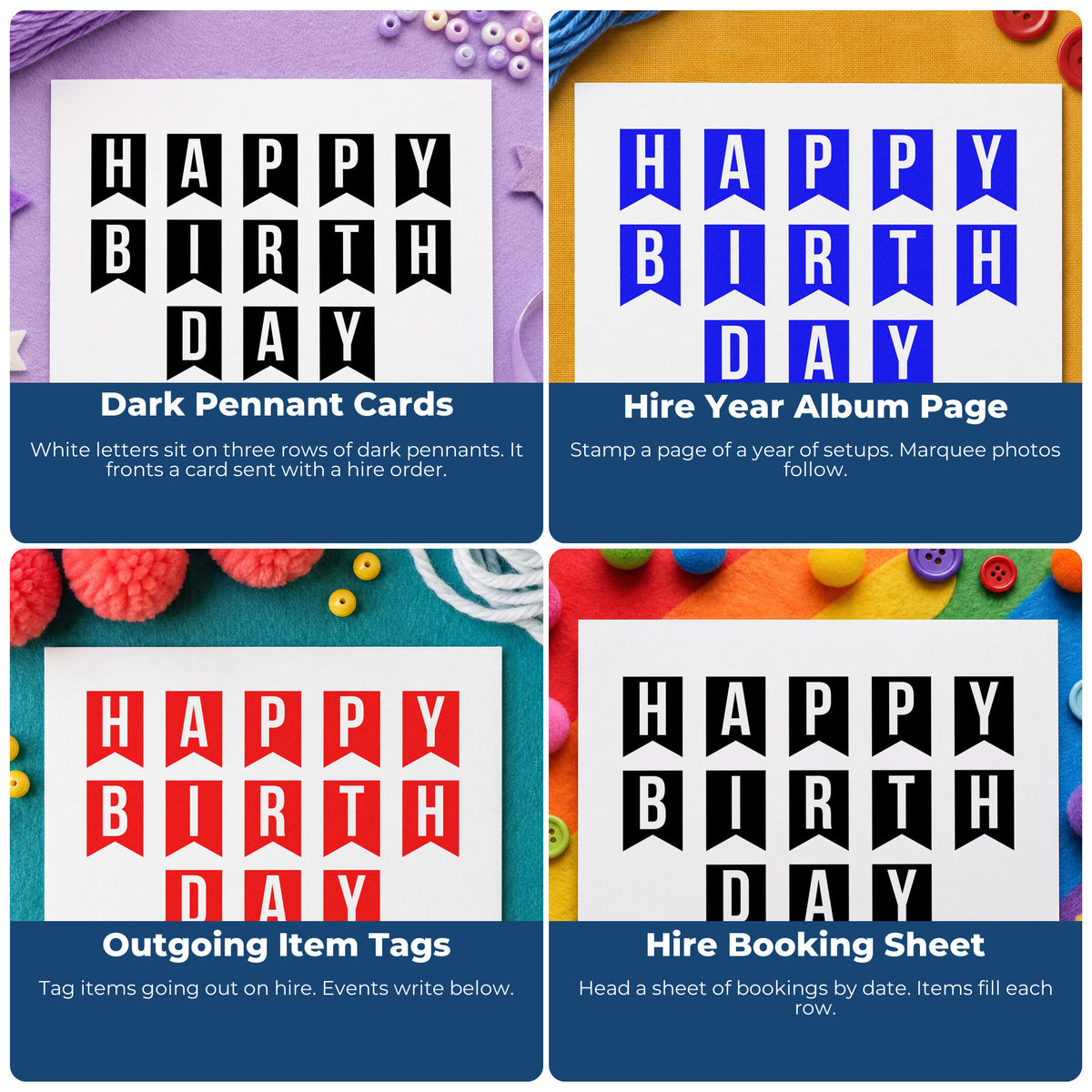Four ways to use the Happy Birthday Pennant Letters Lettering Compact Pre-Inked Stamp – Slim: dark pennant cards, hire year album page, outgoing item tags and hire booking sheet.