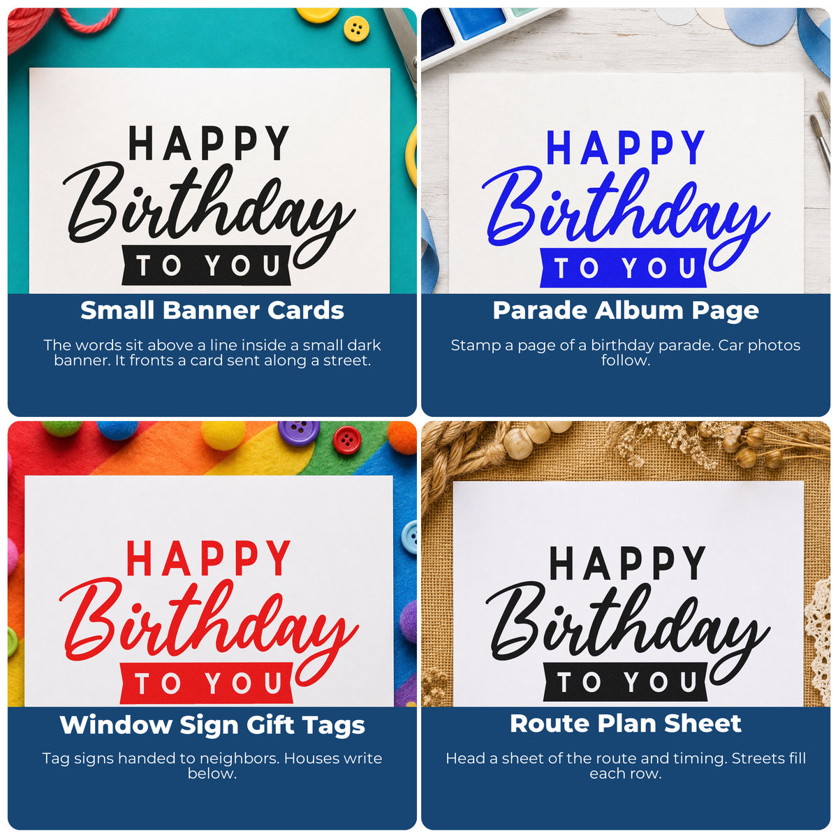 Four ways to use the Slim Pre-Inked Happy Birthday Stamp: small banner cards, parade album page, window sign gift tags and route plan sheet.