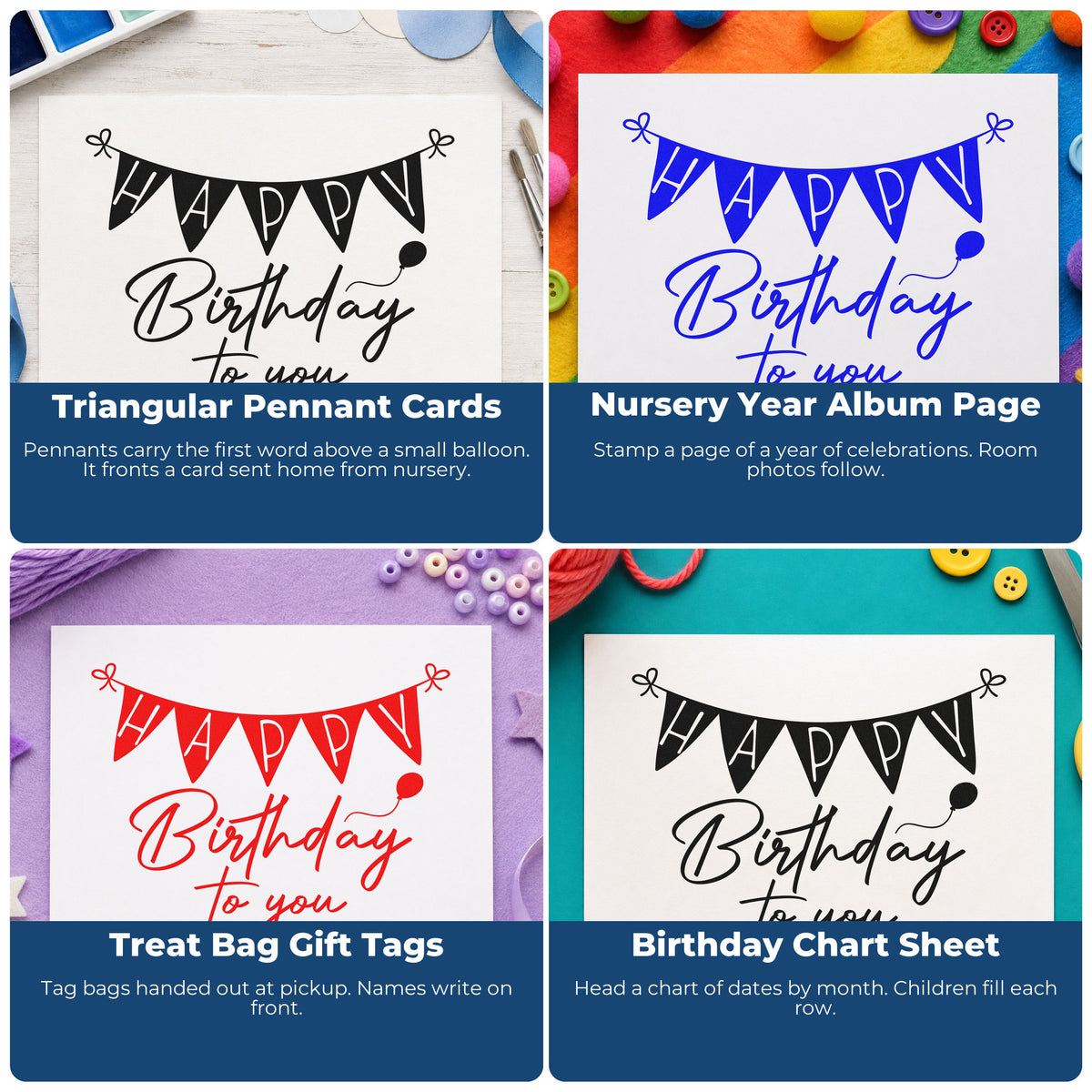 Four ways to use the Birthday To You Bunting Premium Wood-Mounted Stamp - Vintage Pro: triangular pennant cards, nursery year album page, treat bag gift tags and birthday chart sheet.