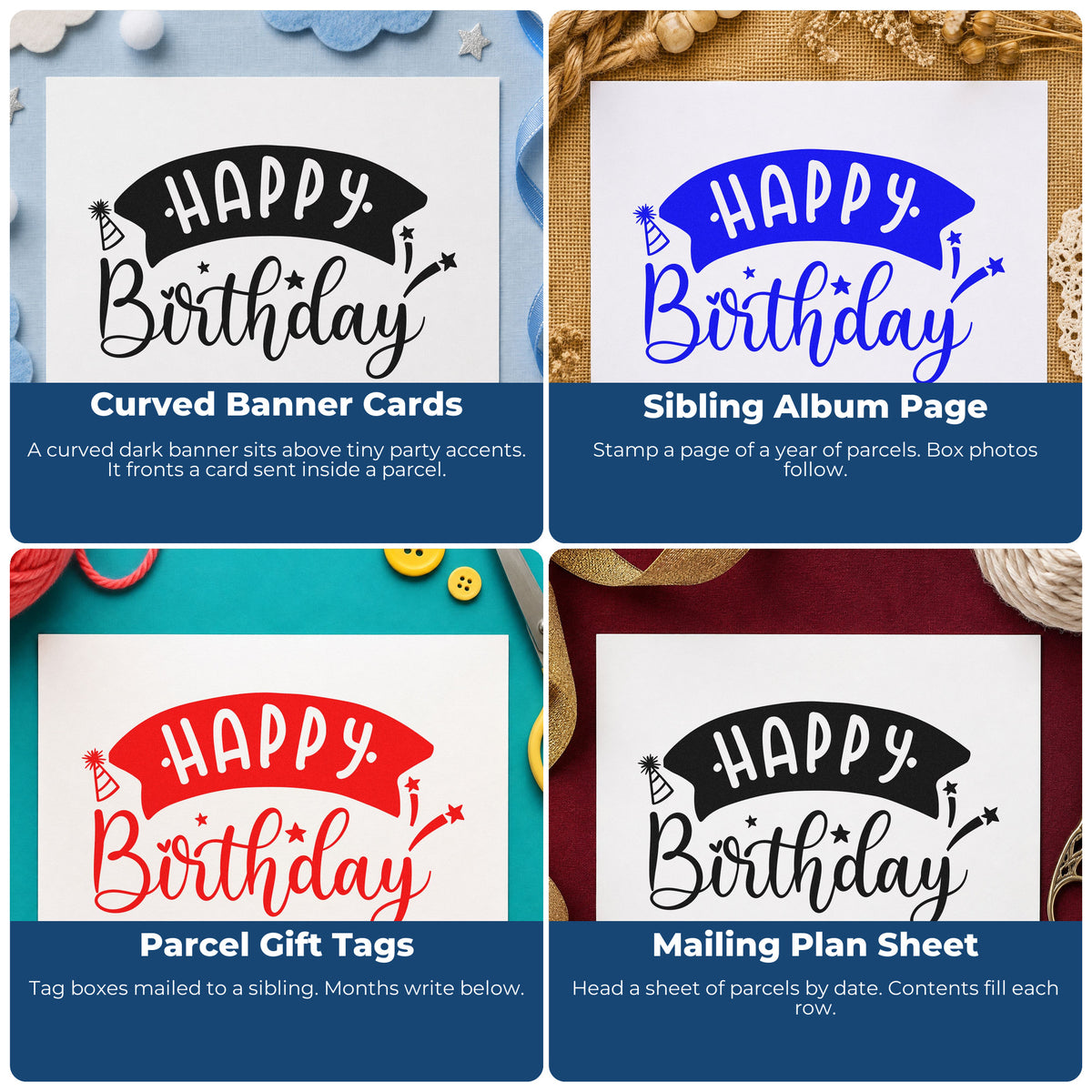 Four ways to use the Happy Birthday Curved Banner Premium Wooden Stamp - Vintage Pro: curved banner cards, sibling album page, parcel gift tags and mailing plan sheet.