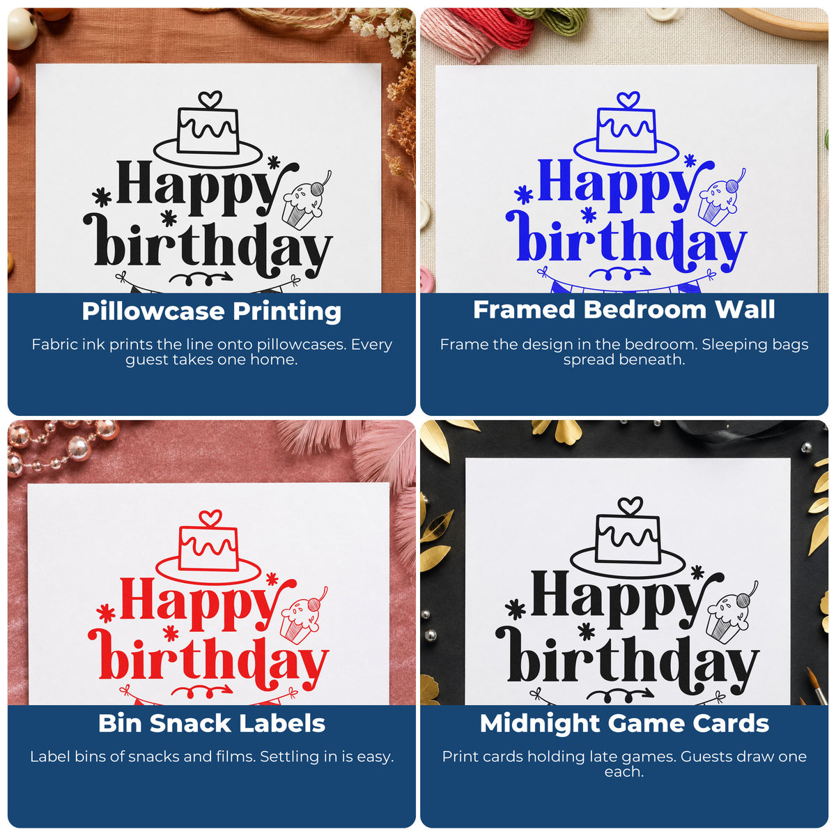 Four ways to use the Heart Cake And Cherry Cupcake Birthday Pre-Inked Stamp – PSI: pillowcase printing, framed bedroom wall, bin snack labels and midnight game cards.