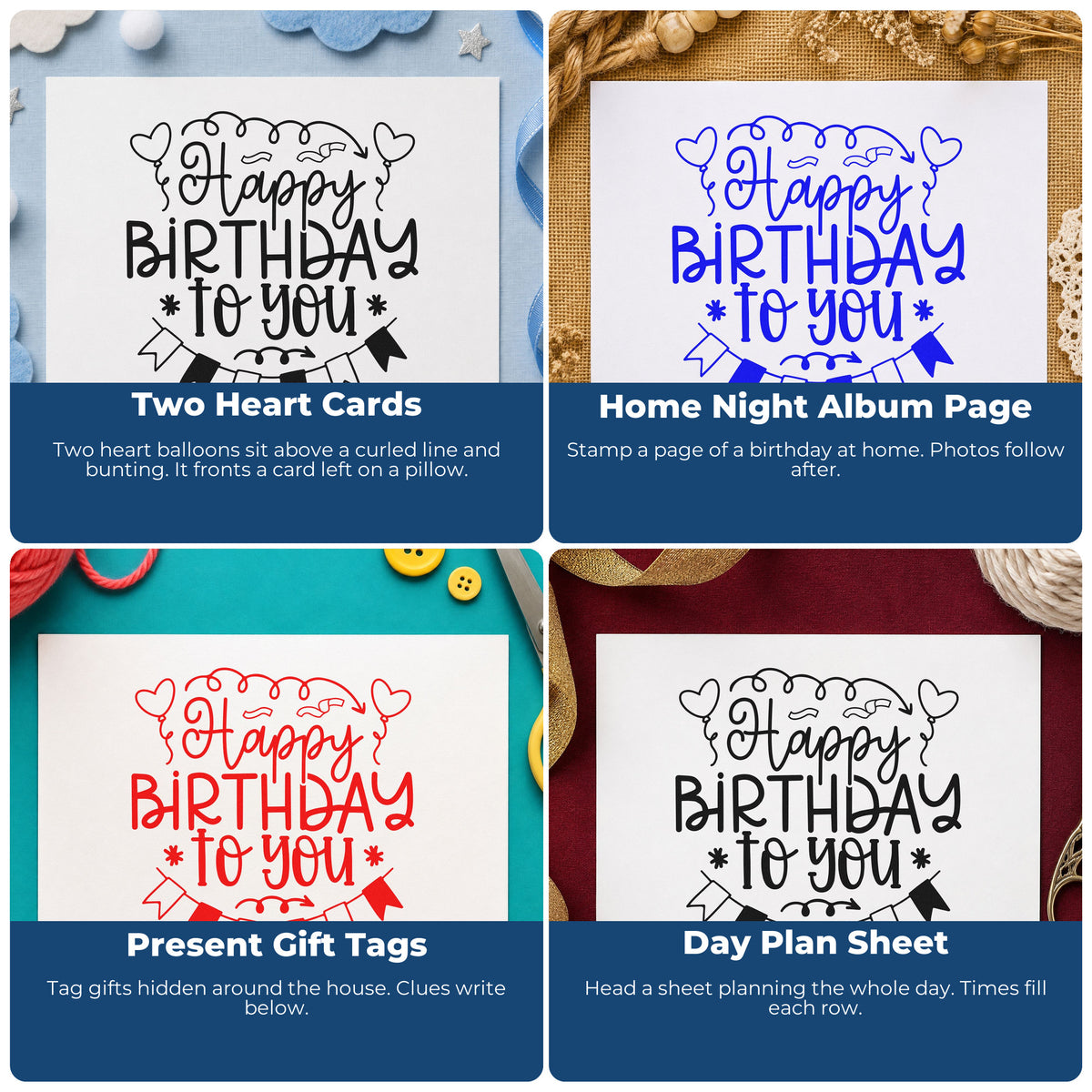 Four ways to use the Happy Birthday Heart Balloons Bunting Stamp - Premium Vintage Pro Wooden: two heart cards, home night album page, present gift tags and day plan sheet.