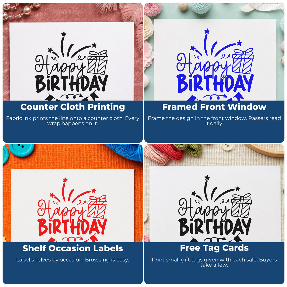 Four ways to use the Happy Birthday Gift Bunting Fireworks Compact Pre-Inked Stamp – Slim: counter cloth printing, framed front window, shelf occasion labels and free tag cards.