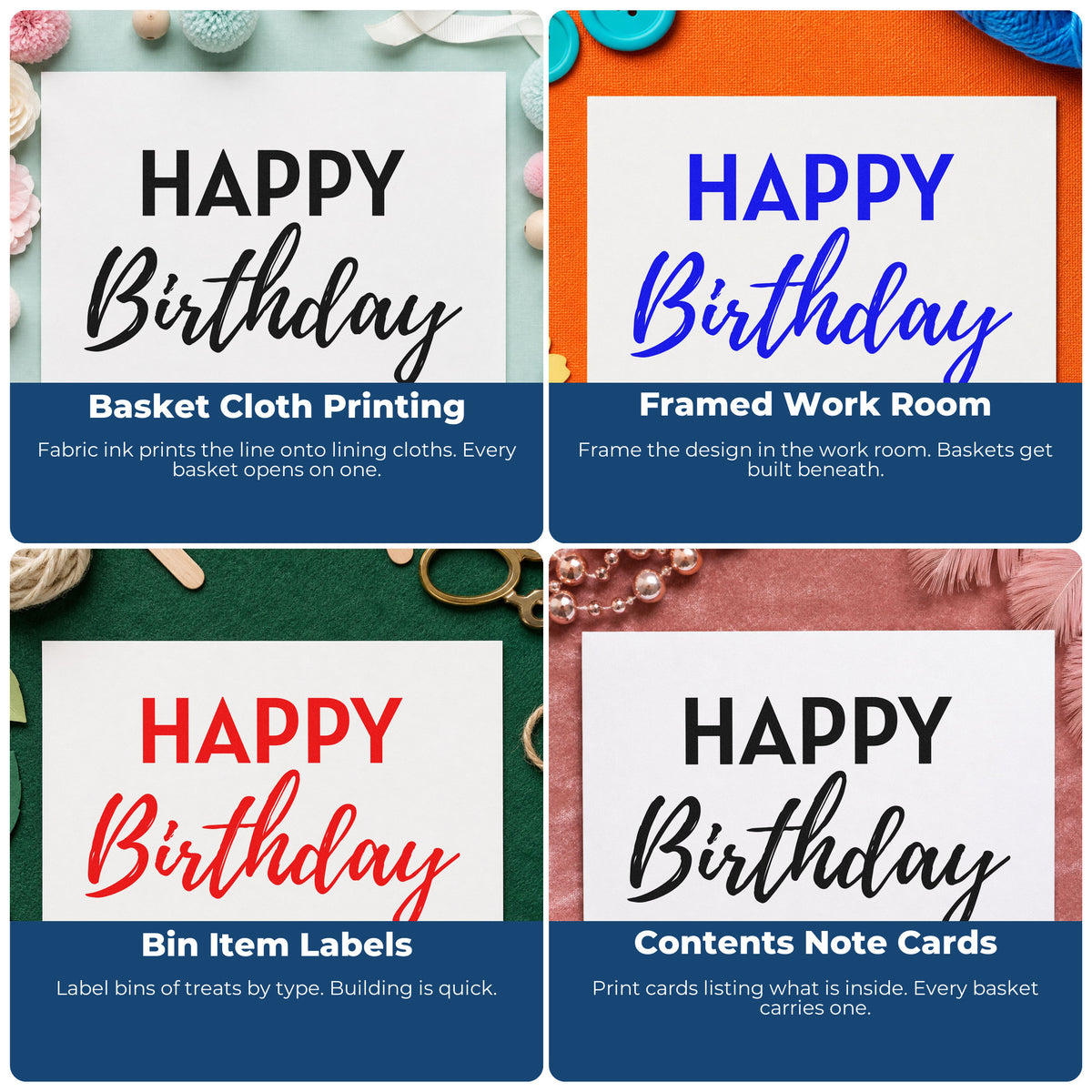 Four ways to use the Happy Birthday Bold Contrast Premium Wooden Stamp - Vintage Pro: basket cloth printing, framed work room, bin item labels and contents note cards.